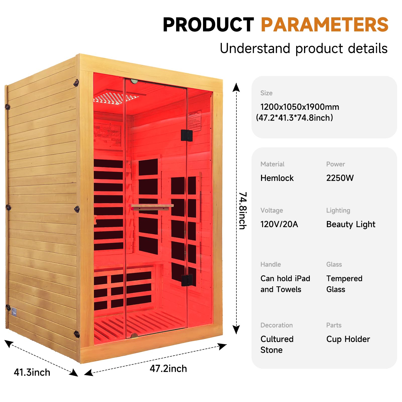 2 Person Infrared Sauna Far Infrared Sauna Room for Home Indoor 2000W Low-EMF Wood Dry Sauna with Full Starry Sky Lights Ceiling in 7 Color Speaker Fast Heating Easy Assembly- 47.3*41.3*74.8 IN