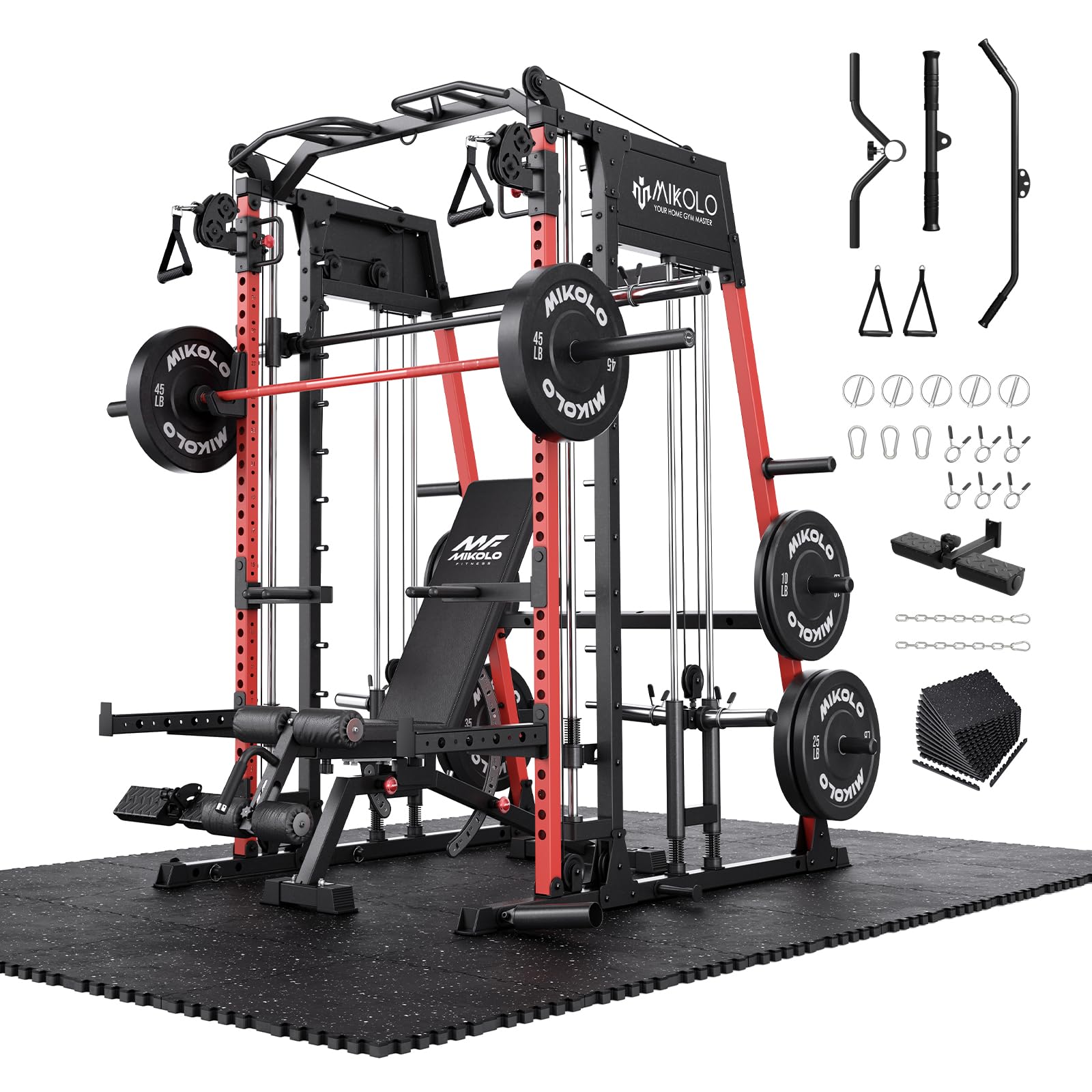Mikolo M4 2.0 Smith Machine, 2200lbs Squat Rack with LAT-Pull Down System & Cable Crossover Machine, Training Equipment with Leg Hold-Down Attachment
