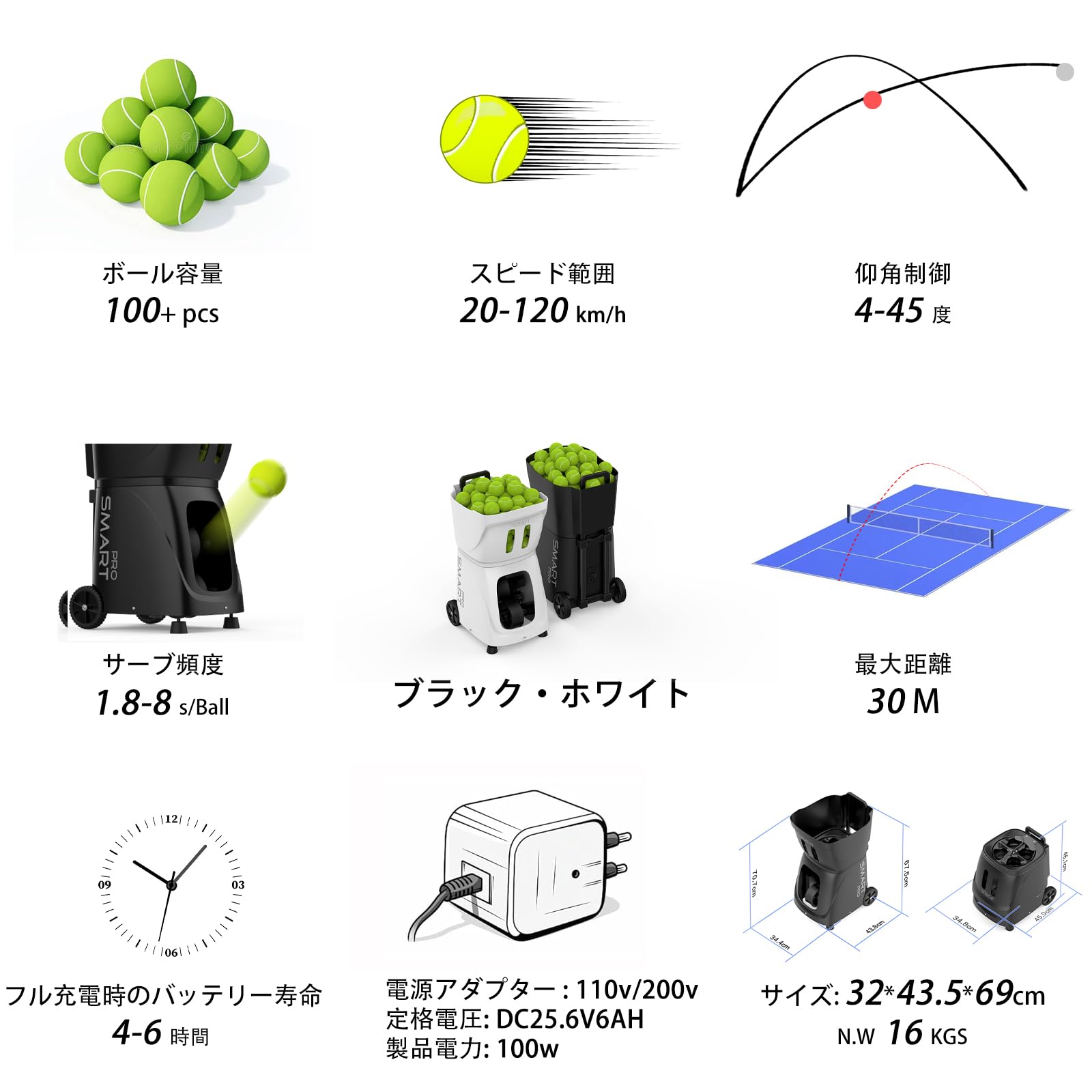 Smart Tennis Ball Machine PT-SMART PRO - 100+ Ball Capacity, Full APP Control, Internal Spin Serve, Ideal for Training & Matches