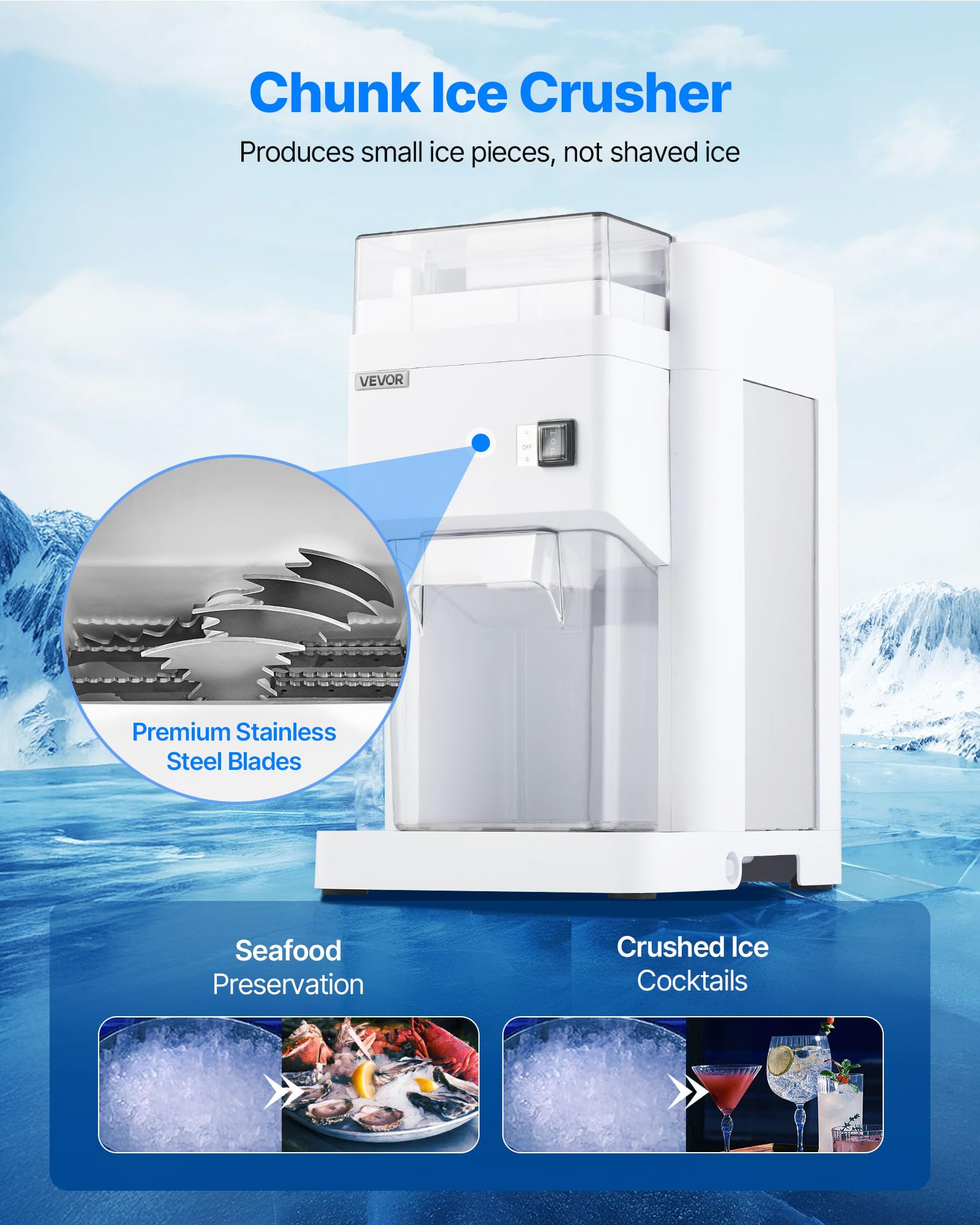 VEVOR Commercial Ice Shaver Crusher, 220lbs/hr Electric Fluffy Ice & Snow Cone Machine, 250W 1500RPM Tabletop Fluffy Shaved-Ice Machine for Parties Events Snack Bar, Home and Commercial Use (White)