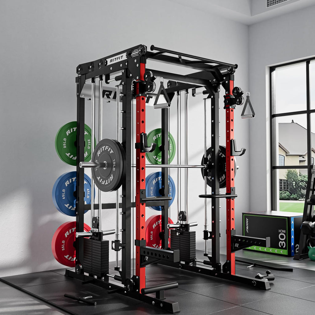 RitFit M2 3D Smith Machine & 286.6LB Built-in Weight Stack with Cable Crossover System, All in One Functional Trainer & Power Cage, 16 Adjustment Holes, 6 Storage Pegs for Full-Body Home Gym