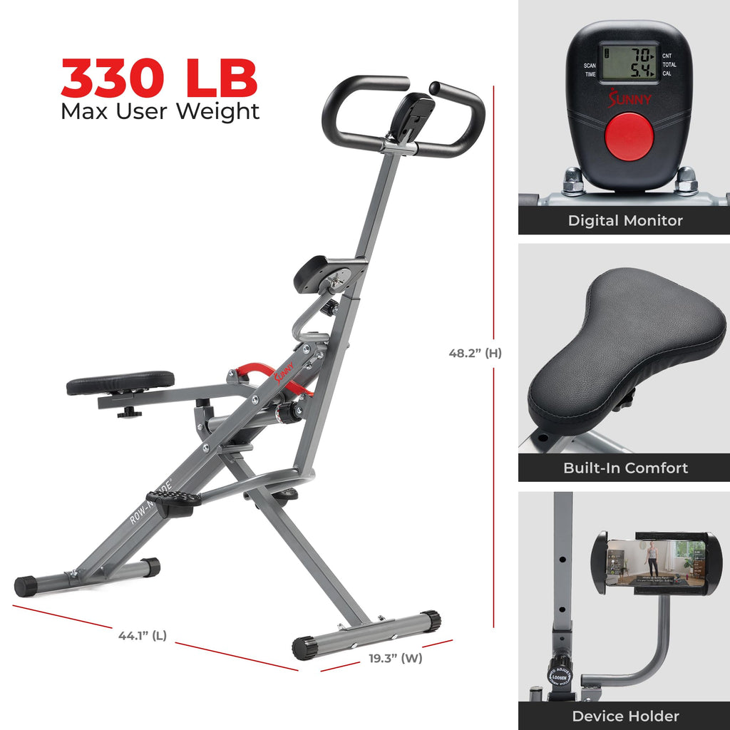 Sunny Health & Fitness Row-N-Ride PRO, Full Body Combo Squat Machine w/Optional Resistance Band, Easy Setup Ab Workout Exercise Equipment for Home, Whole Body Cardio, Optional SunnyFit App Connection