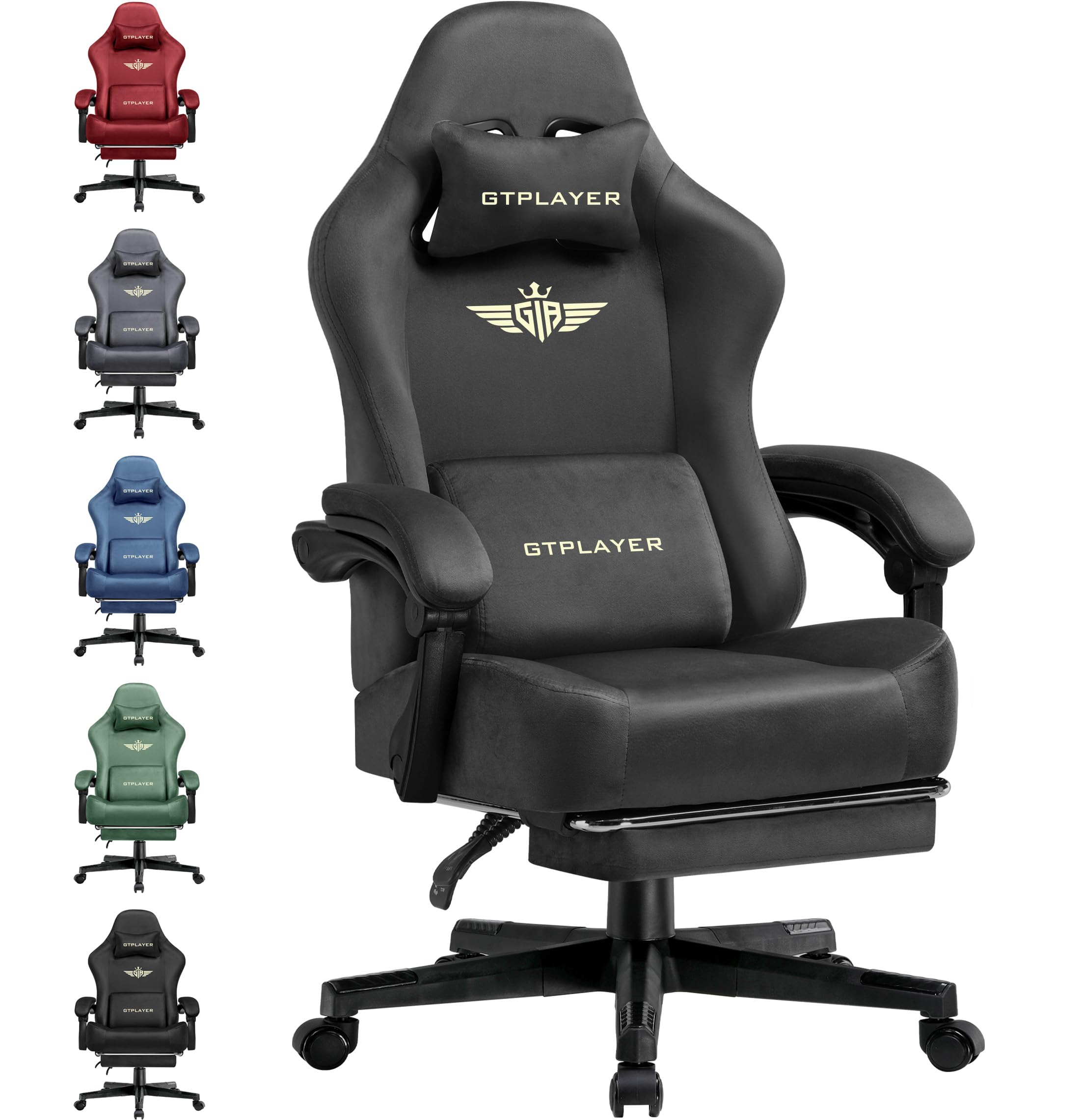 GTPLAYER Gaming Chair with Pocket Spring Cushion, Big and Tall Gamings Chairs 350LBS High Back Computer Chair with Footrest for Adults Lumbar Support Swivel Game Chair for Office,Leather Black-Massage