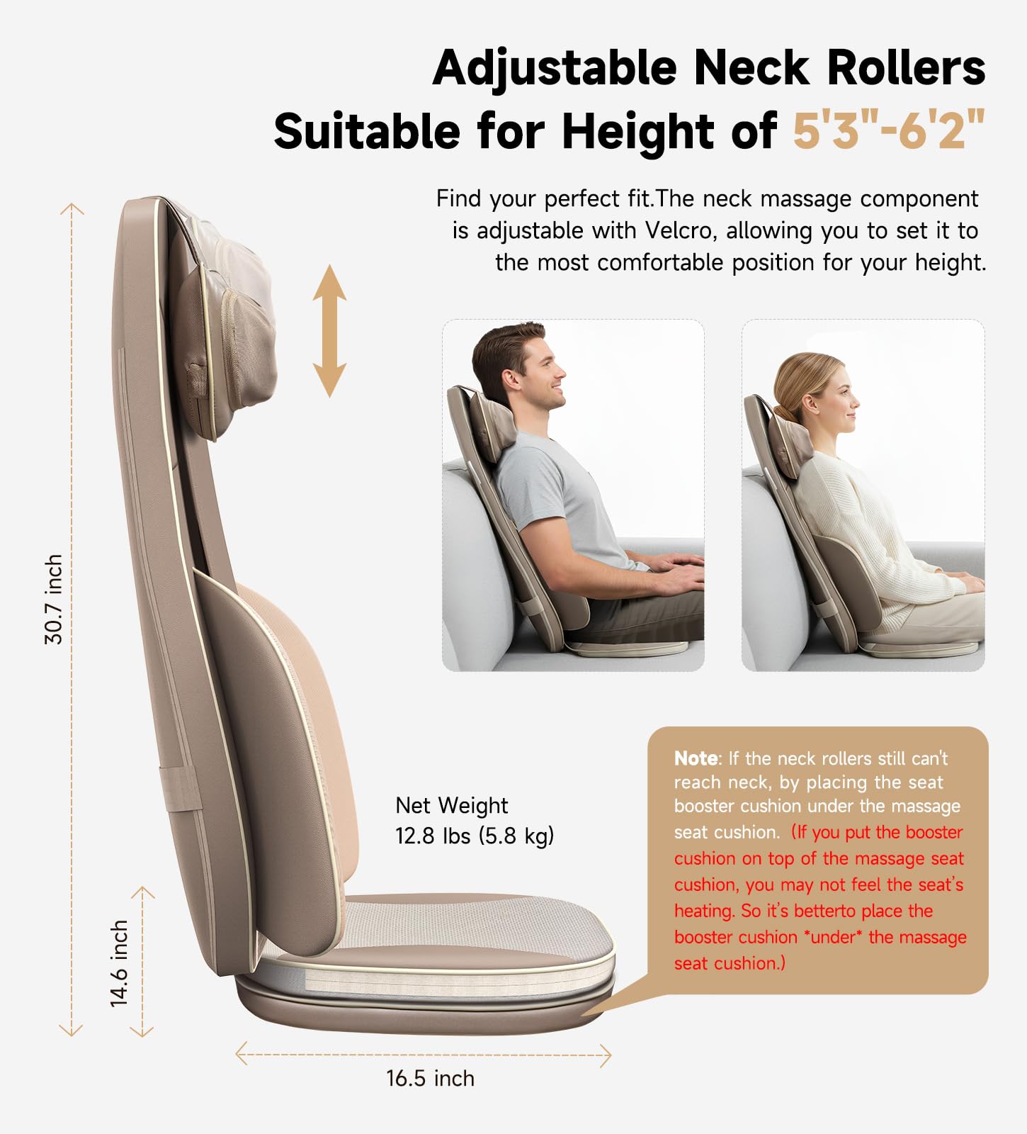 Shiatsu Neck and Back Massager for Chair with Heat, 2 Interchangeable Attachments Full Back Massage Pad Deep Tissue, Adjustable Height 3-Level Intensity for Office Home, Masajeador de Espalda, Khaki