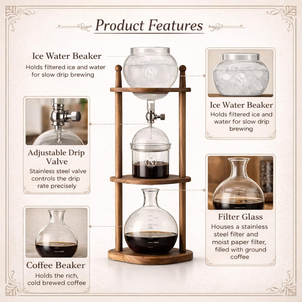 Nispira Cold Brew Drip Tower Iced Coffee Maker Glass Wooden Stand 25 Cups