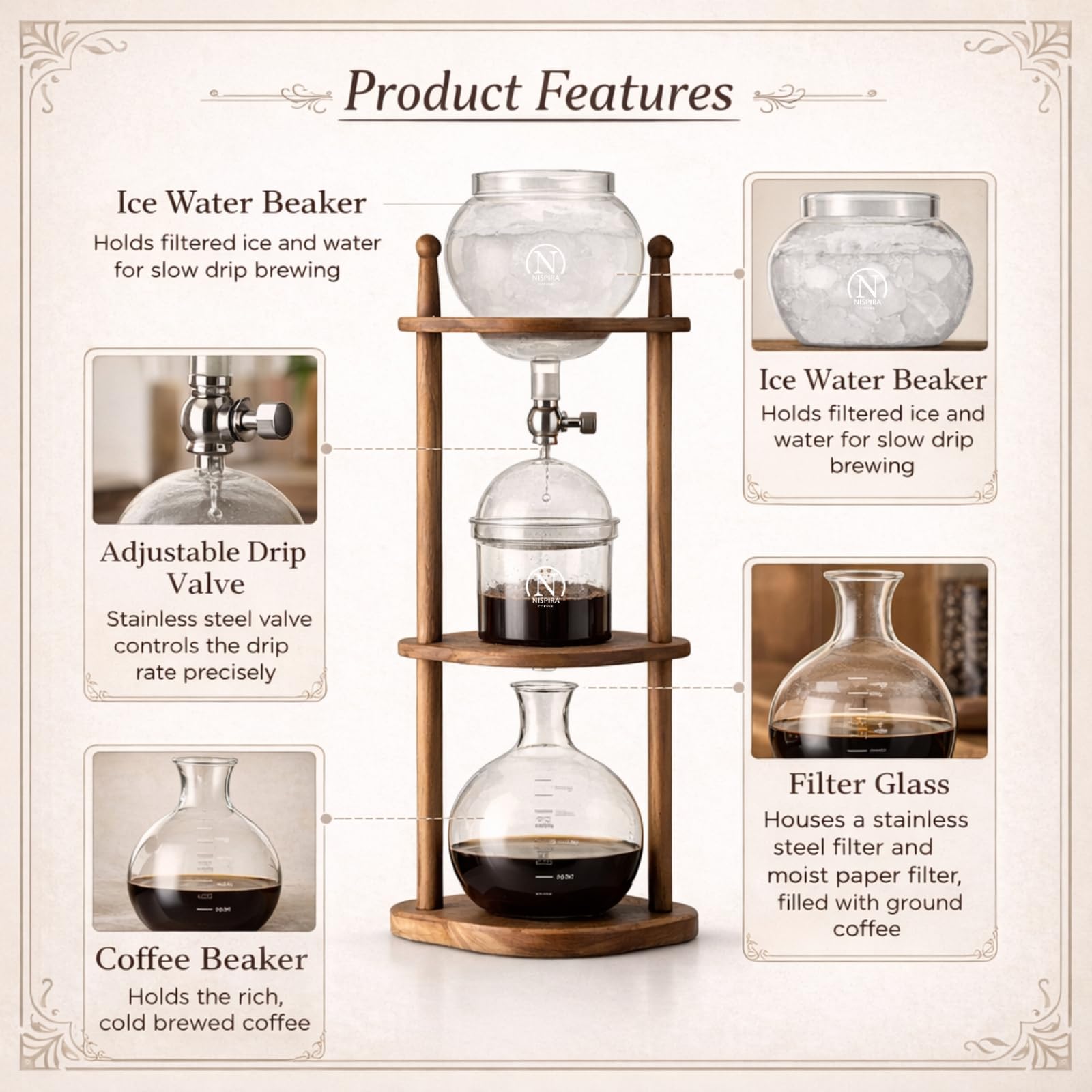Nispira Cold Brew Drip Tower Iced Coffee Maker Glass Wooden Stand 25 Cups