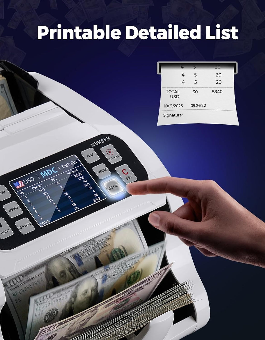 MUNBYN IMC22 Money Counter Machine Mixed Denomination, Dual-Display, CIS/UV/IR/MG Counterfeit Detection Bill Counter, USD, MXN, COP, CAD Cash Counter for Business, Merchant, 2Y Protect (White)