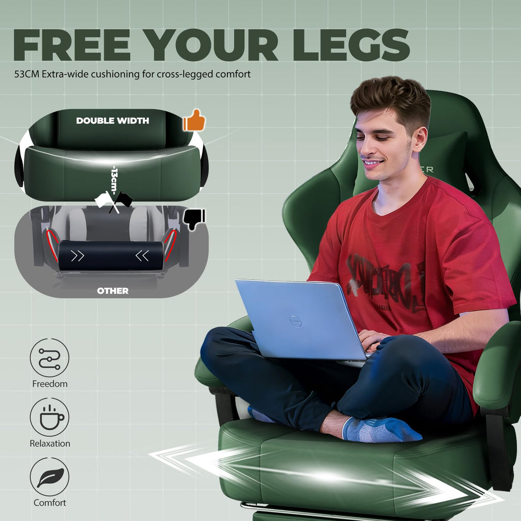 GTPLAYER Gaming Chair with Pocket Spring Cushion, Big and Tall Gamings Chairs 350LBS High Back Computer Chair with Footrest for Adults Lumbar Support Swivel Game Chair for Office,Leather Black-Massage
