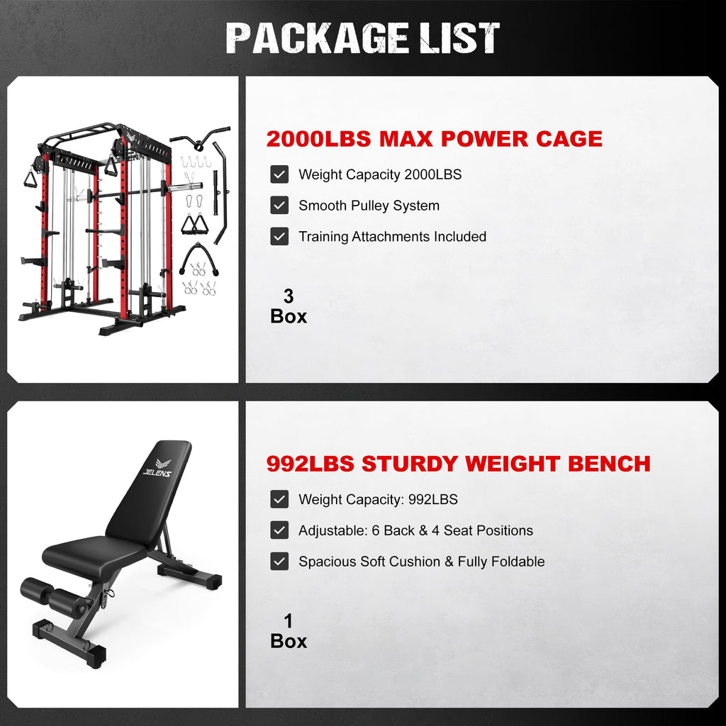 JELENS M21 Smith Machine, Multi-Function Power Cage with Dual Pulley Cable Crossover System, 2000LBS All-in-One Squat Rack with Smith Bar and Attachments for Home Gym