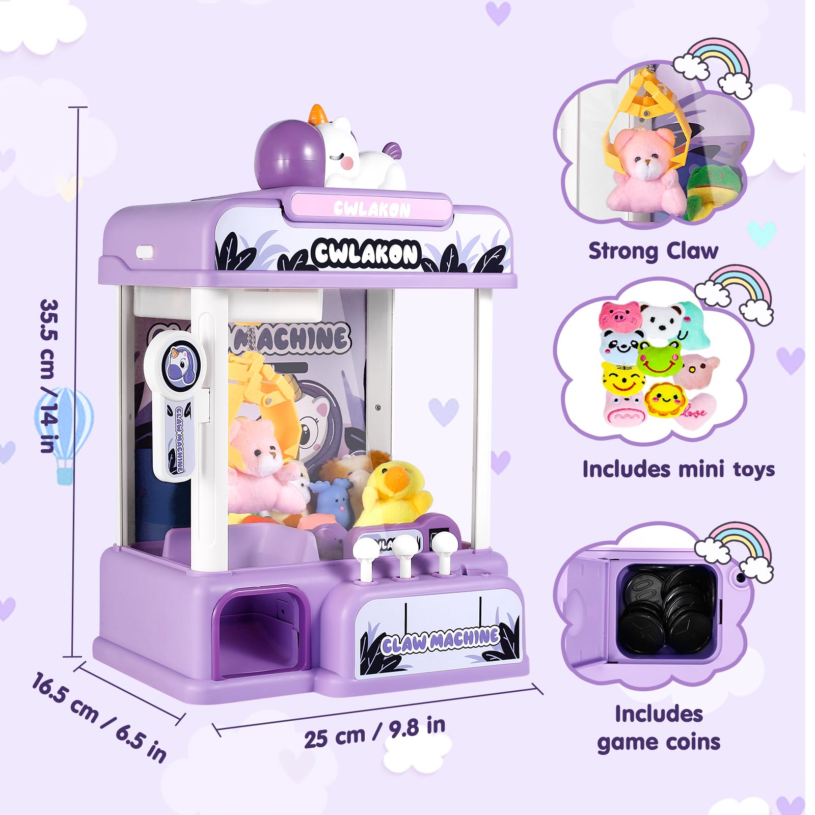 CWLAKON Claw Machine for Kids, Mini Vending Machine Unicorns Toys with Sound for Girls Age 3+, Candy Grabber Prize Dispenser Machine Arcade Games with Mini Plush Toys, Christmas Birthday Gifts