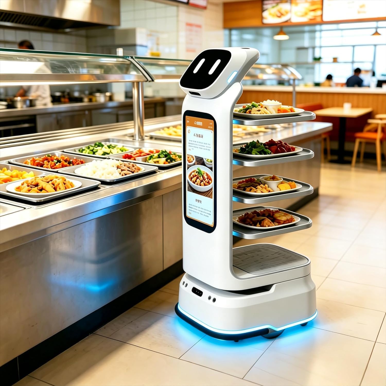 Intelligent Delivery Robot with HD Advertising Screen, Adjustable Suspension & Precise Speed Control, Spill Proof Tray for Restaurant Hotel, Auto Charging & Autonomous Cruise Service