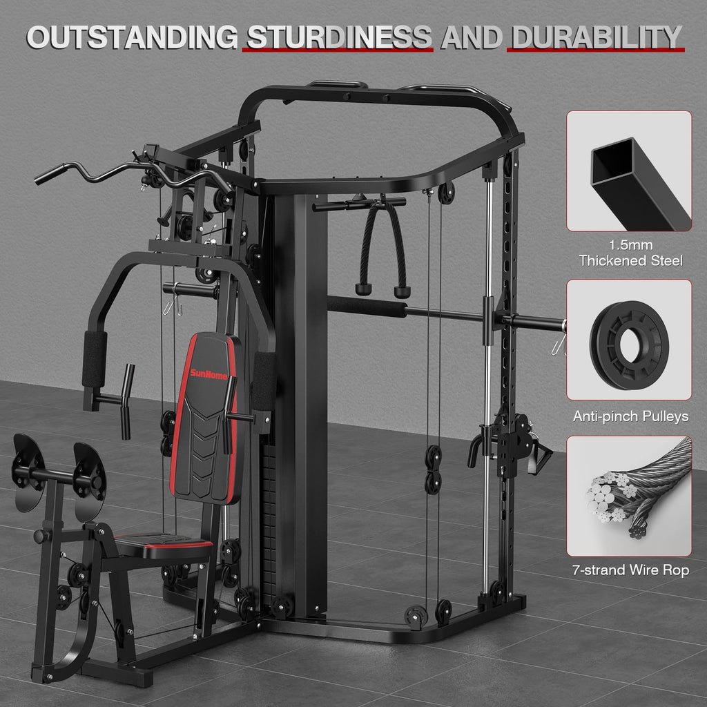 SunHome Multifunction Home Gym Equipment Workout Station, Smith Machine with 138LB Weight Stack, Leg Press, LAT Station for Full Body Training