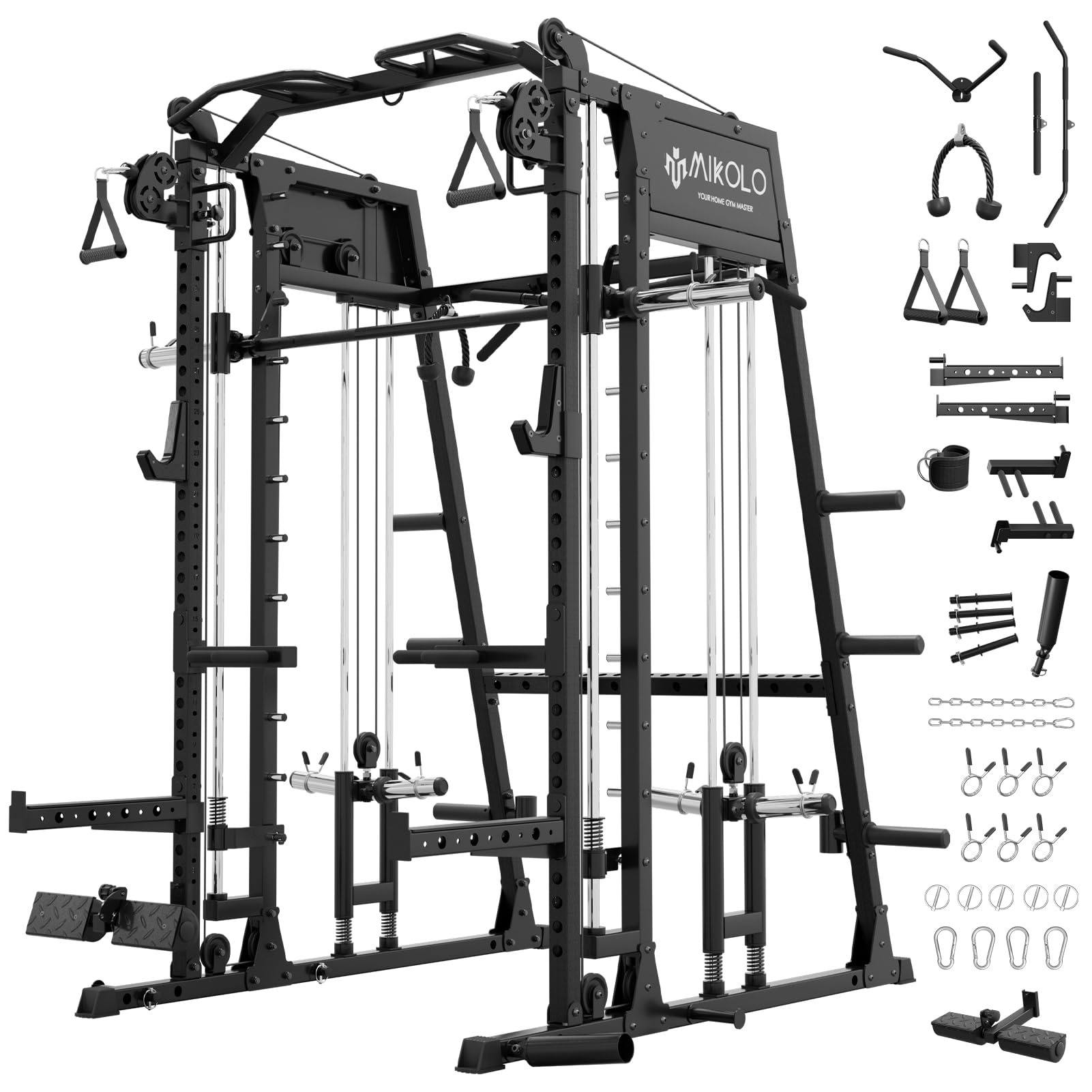 Mikolo M4 2.0 Smith Machine, 2200lbs Squat Rack with LAT-Pull Down System & Cable Crossover Machine, Training Equipment with Leg Hold-Down Attachment