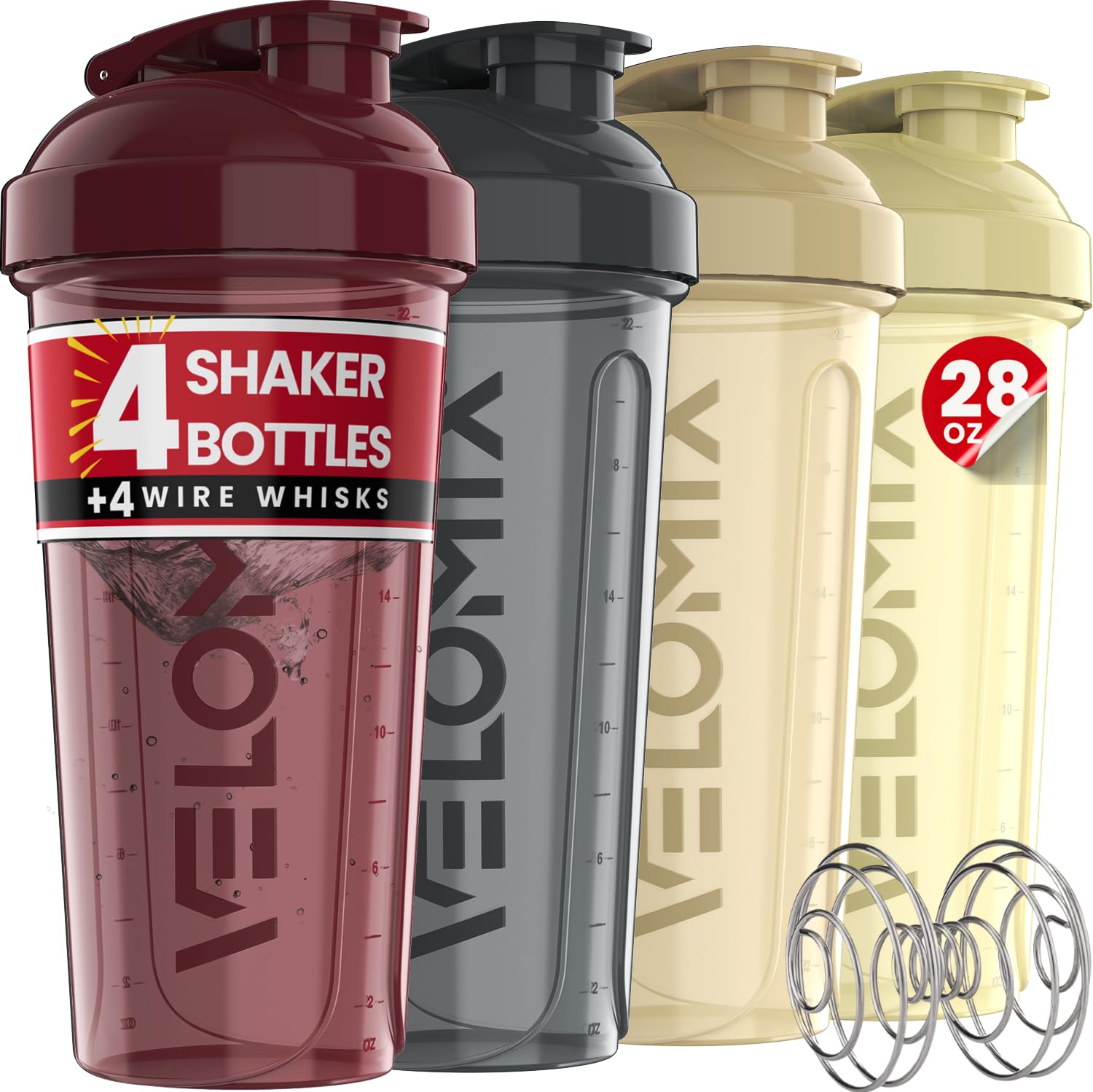 VELOMIX -4 PACK- 28 oz Protein Shaker Bottle for Protein Mixes - 4x Wire Whisk | Leak Proof Shaker Cups for Protein Shakes | Protein Shaker Bottle Pack | Protein Shake Cup (NeoCool Pack)
