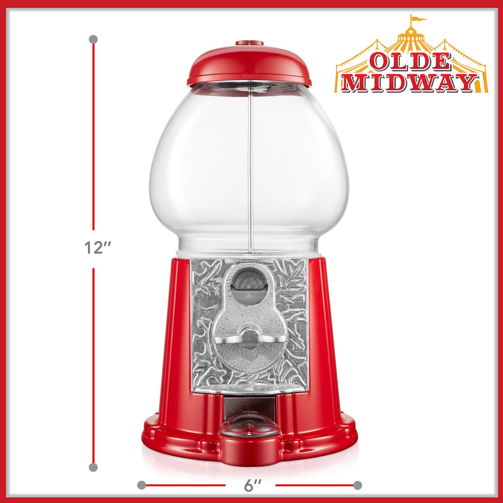 Olde Midway 15" Gumball Machine with Glass Globe and Metal Base - Red, Vintage-Style Bubble Gum Candy Dispenser