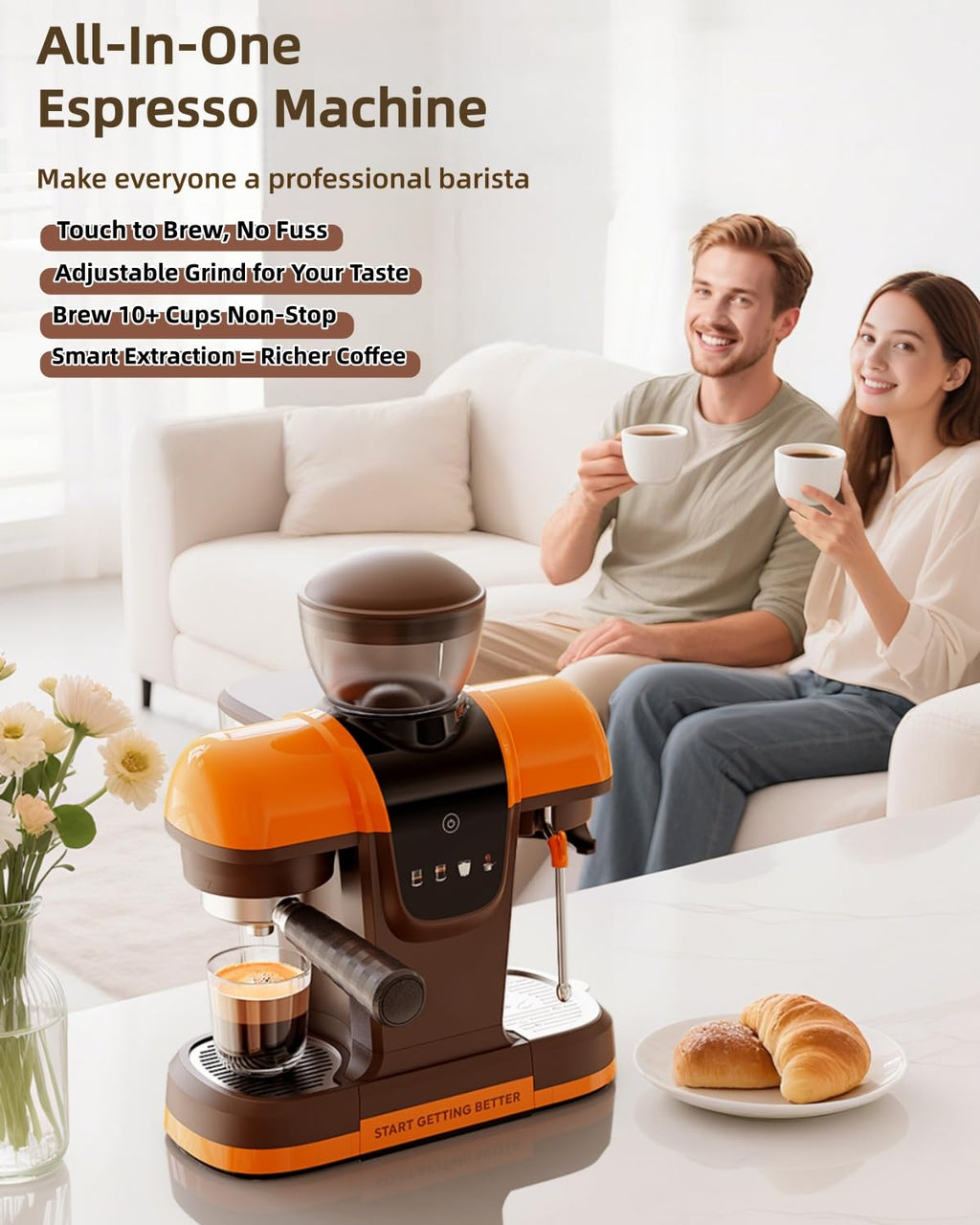 20 Bar Espresso Machine with Grinder & Steam Wand - Semi Automatic Coffee Maker, NTC Intelligent Temp Control, 58mm Stainless Steel Portafilter, One-Touch Panel for Home Barista (BLACK)