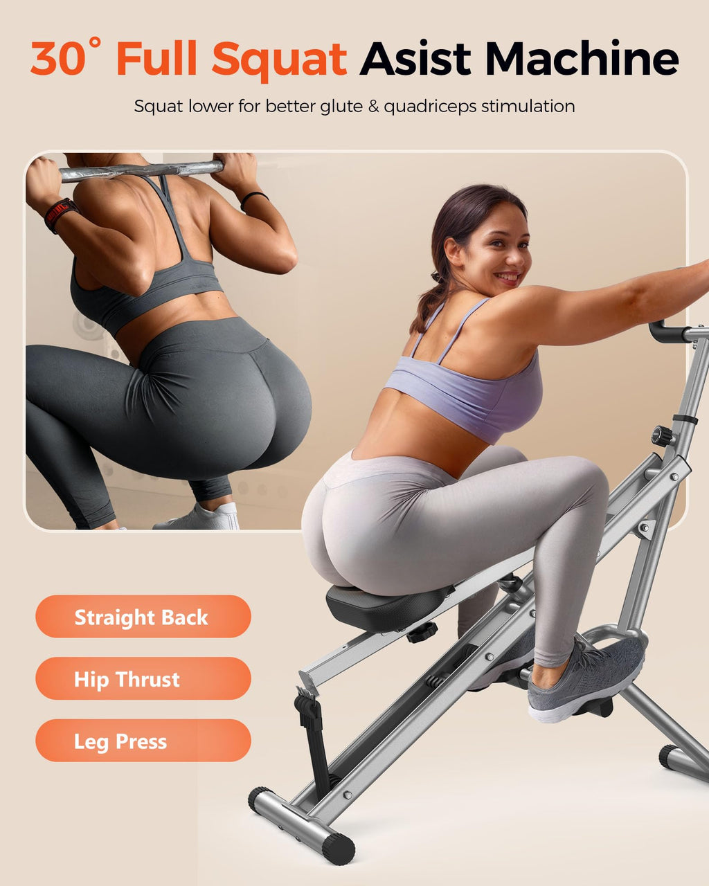 Sportsroyals Squat Machine, Squat Assist Rower for Glutes and Thighs, Foldable Exercise Equipment w/ Four Adjustable Resistance for Home, Full Body Workout Machine