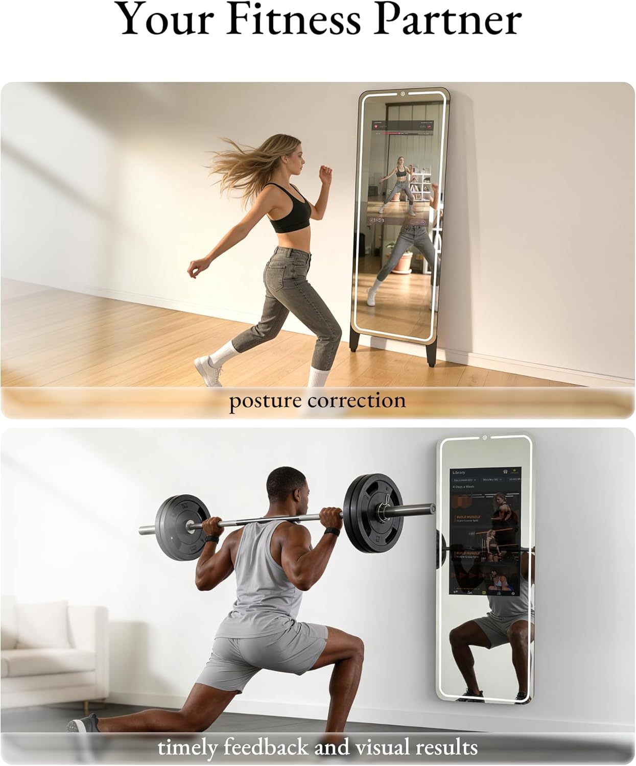 HARZHI Smart Fitness Mirror with 32'' HD Touchscreen, 65'' Full-Length Mirror, Android OS, Voice Control, for Home Gym, Yoga, Dance and Training