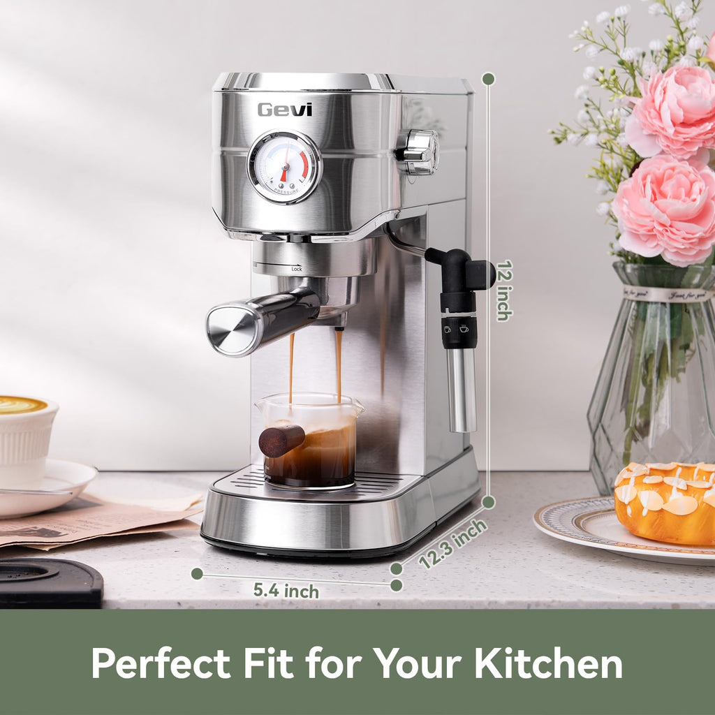 Gevi Commercial Espresso and Coffee Makers, Professional 20 Bar Espresso Maker with Milk Frother, Stainless Steel Expresso Coffee Machines for Home, Compact Cappuccino Machine, Great Gift