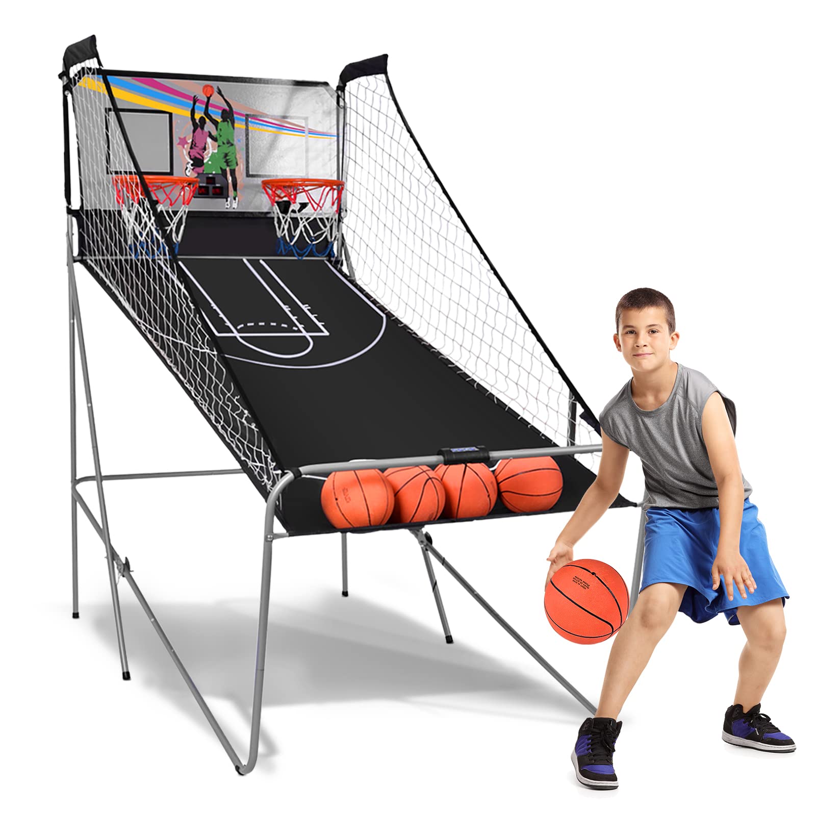 Goplus Foldable Dual Shot Basketball Arcade Game, Electronic Basketball Hoop w/LCD Scoreboard, 8 Game Modes, 4 Balls, Indoor Outdoor Basketball Game Machine for Adults (Green)