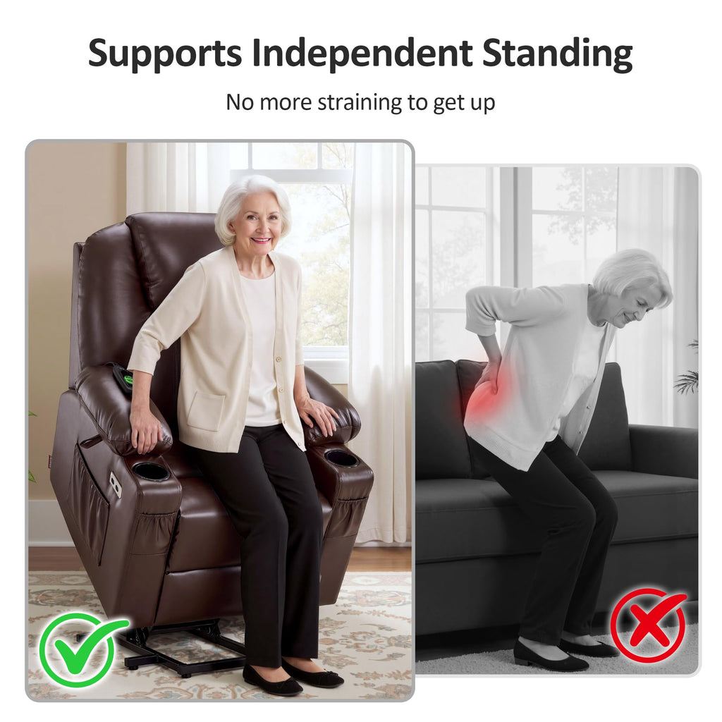 MCombo Electric Power Lift Recliner Chair Sofa with Massage and Heat for Elderly, 3 Positions, 2 Side Pockets, and Cup Holders, USB Ports, Faux Leather 7040 (Grey, Medium)