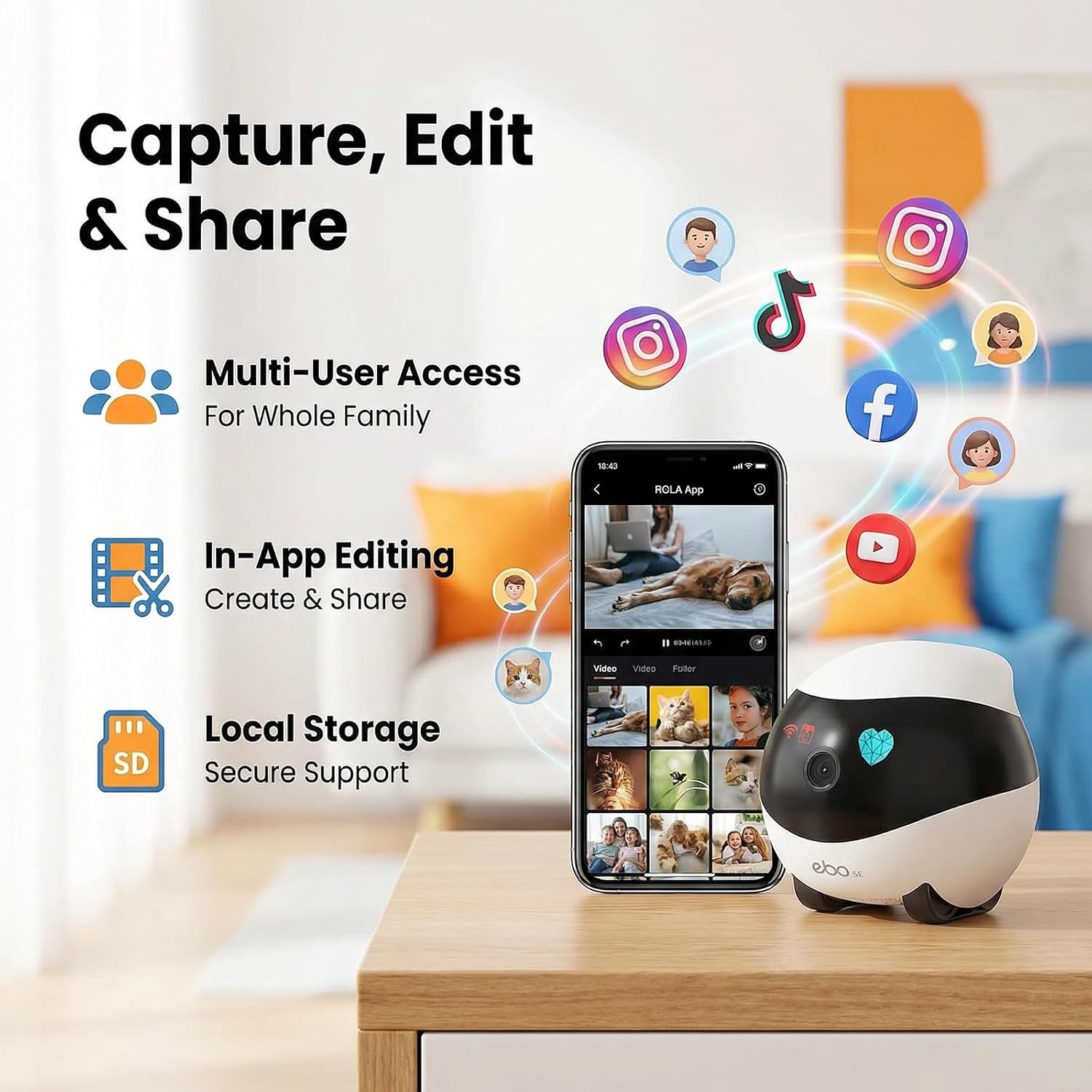 Enabot EBO SE FamilyBot Pet Camera Robot - 1080P HD Indoor Movable Home Security Camera with Auto-Recharge, Night Vision, 2-Way Talk, Local Storage, APP Control,Motion Detection for Dog/Cat Monitoring