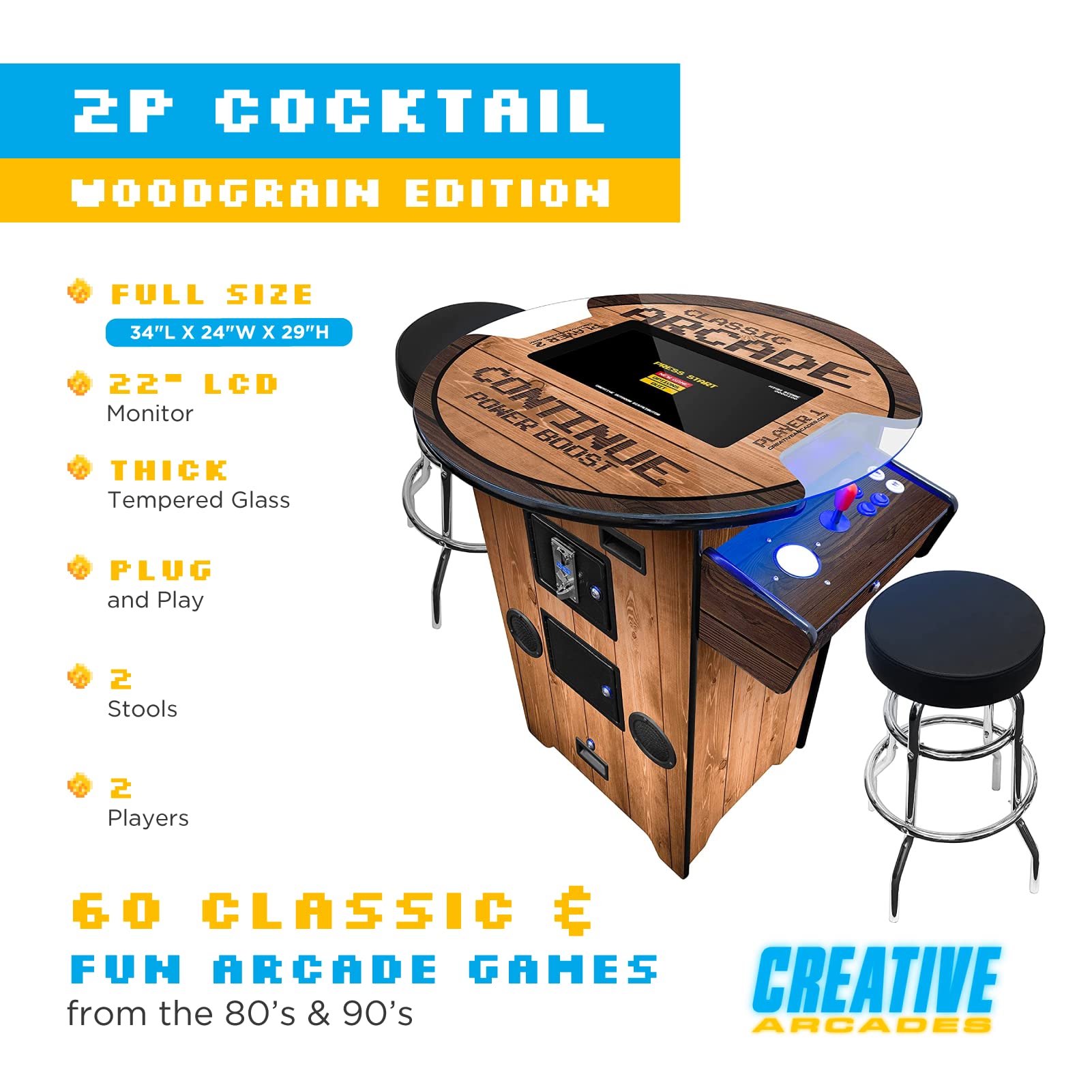 Creative Arcades Full-Size Commercial Grade Machine -Pub Style Arcade Table for 2 Player Cabinet for Home, 412 Games, Multiplayer Control Panel and Screen Size 22 inch.