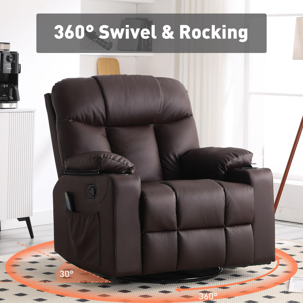 Bonzy Home Oversized Swivel Rocker Recliner, 40" Rocking Recliner Chair with Heated and Massage, PU Leather Single Sofa with Swivel Function, 2 Cup Holders for Living Room Bedroom, Black