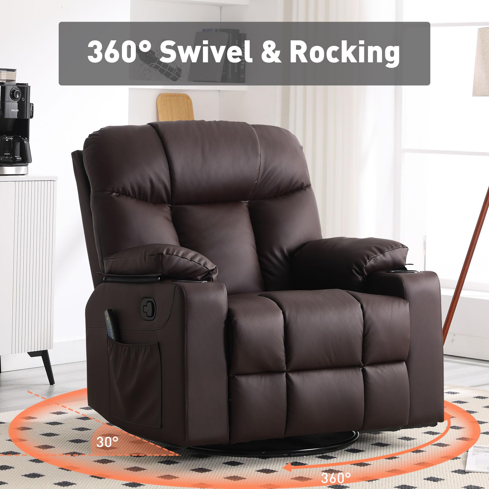 Bonzy Home Oversized Swivel Rocker Recliner, 40" Rocking Recliner Chair with Heated and Massage, PU Leather Single Sofa with Swivel Function, 2 Cup Holders for Living Room Bedroom, Black