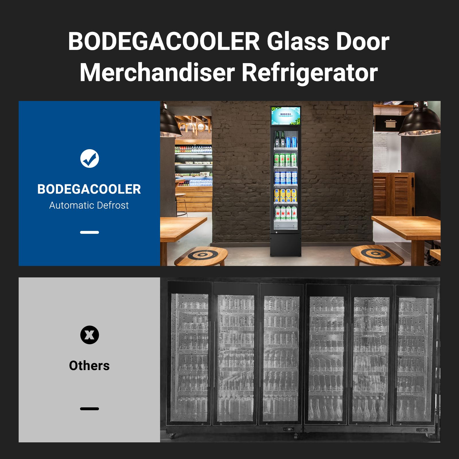 BODEGACOOLER Commercial Merchandiser Refrigerator, 27.02 Cu.Ft Double Glass Door Beverage Cooler, Upright Display Refrigerator with Soft LED Light, Adjustable Shelves, 4 Heavy-Duty Casters, Black