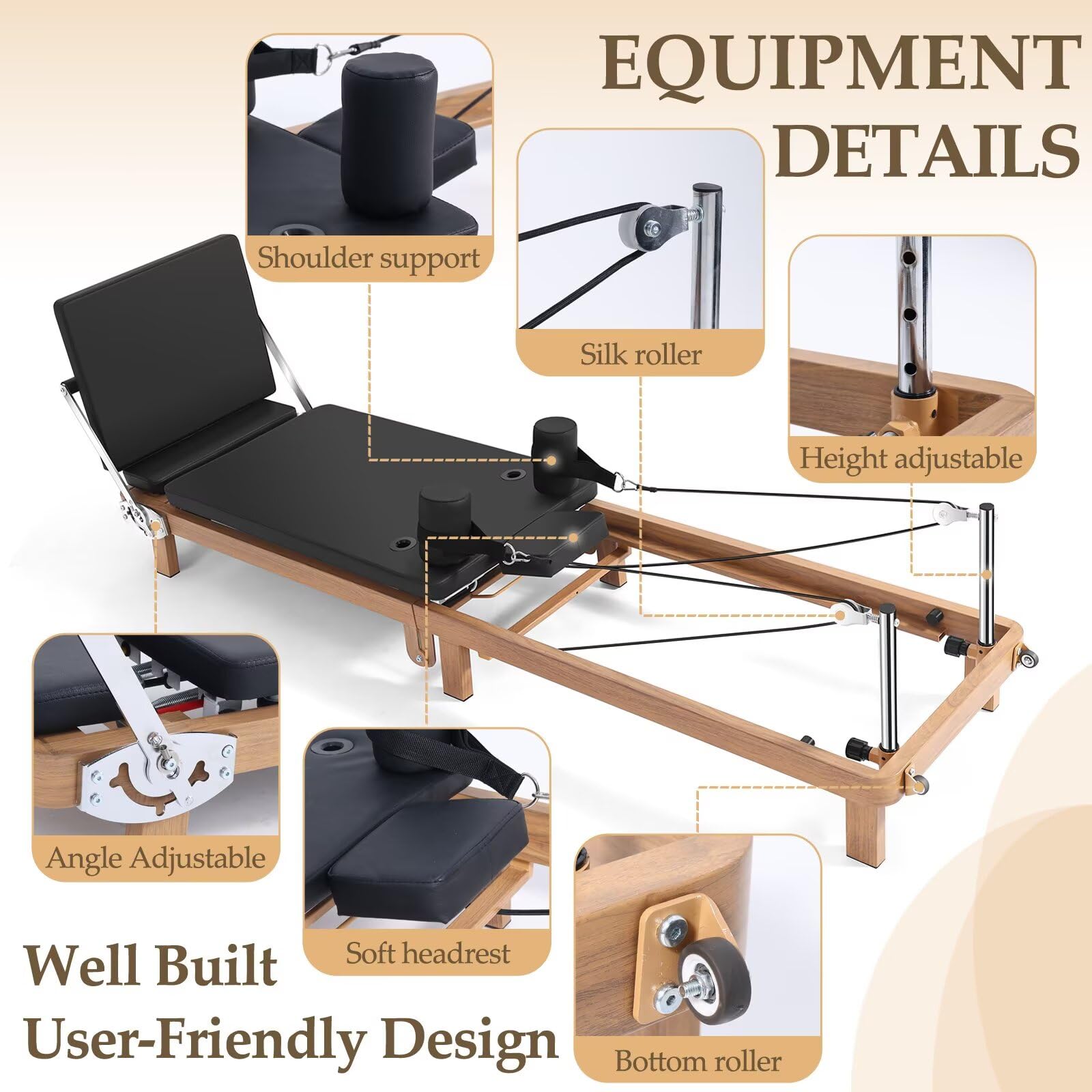 Foldable Pilates Reformer Machine – 88" Long Imitation Wood Frame with Jumpboard & Box Included, Dual Resistance System (Springs + Latex Tubes) for Full Body Workout, Home Gym Equipment for Women Men