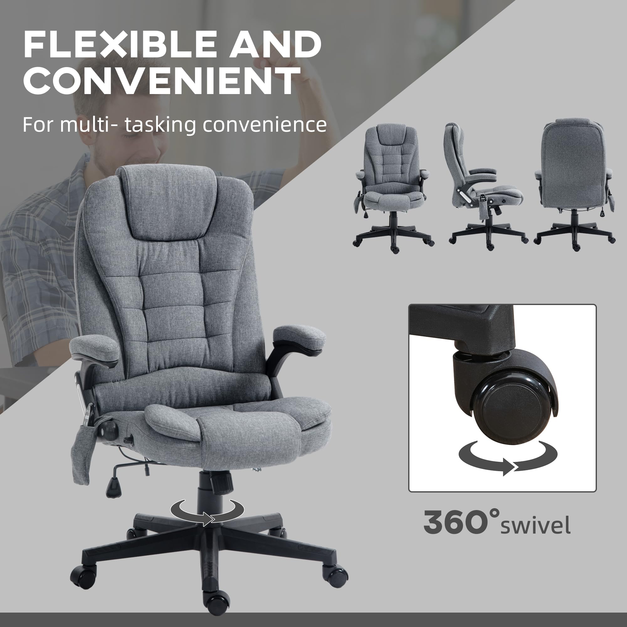 Vinsetto 6 Point Vibrating Massage Office Chair with Heat, Linen High Back Executive Office Chair with Reclining Backrest, Padded Armrests and Remote, Black
