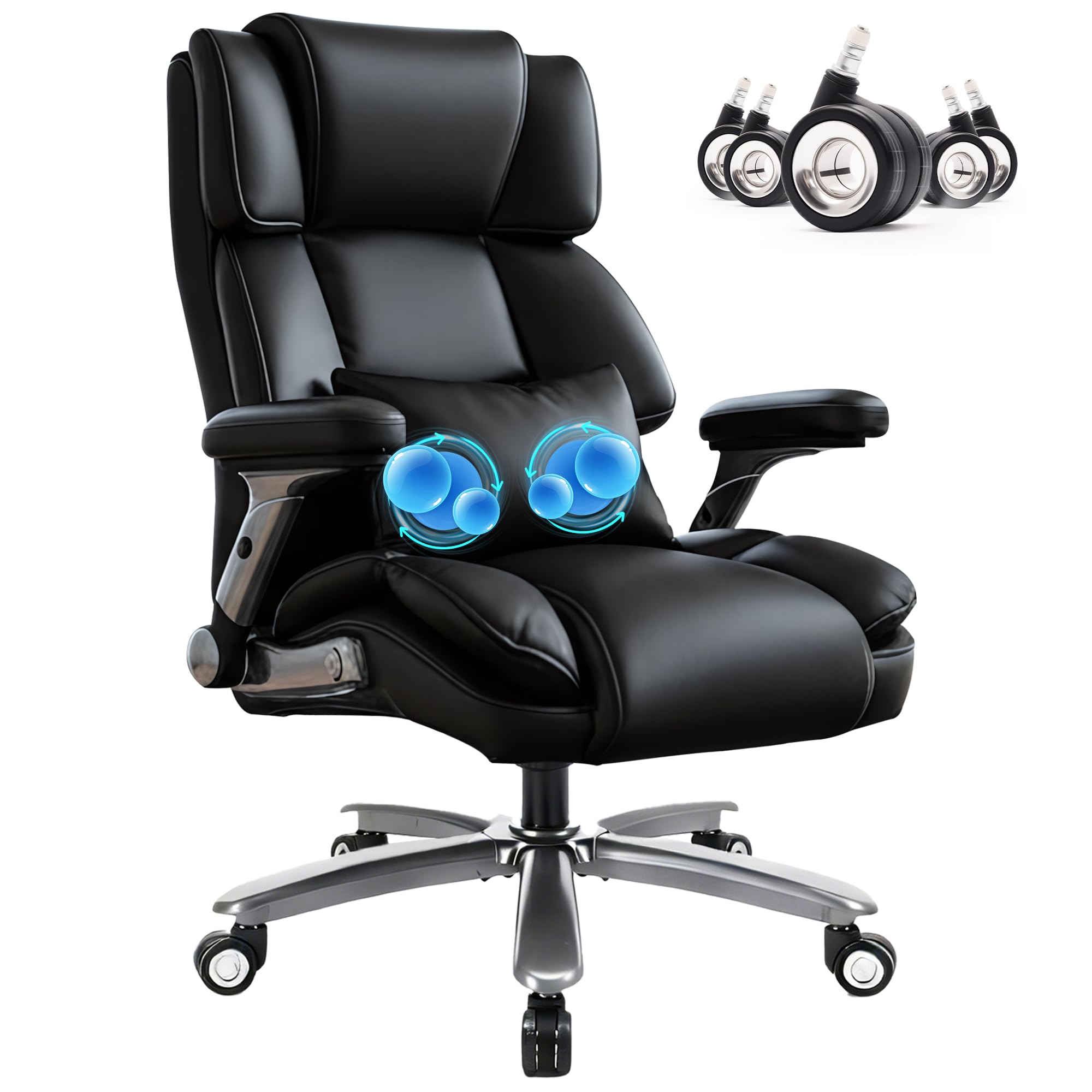 750lbs Heavy Duty Desk Chair with 3D Kneading Massage, Big and Tall Office Chairs with Ergonomic Support, 3D Armrests, 5 Quiet Dual Rubber Wheel, Thick Pocket Spring Cushion(Black, PU)