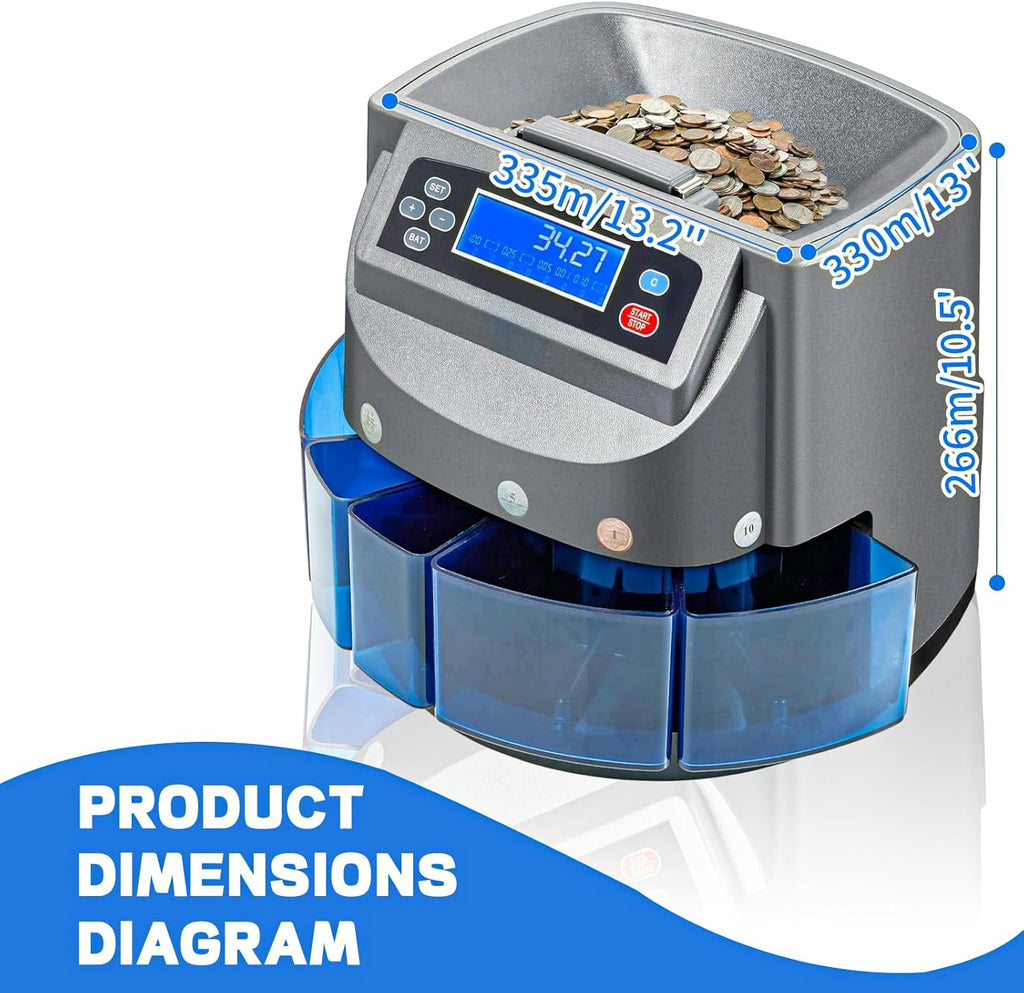 Coin Counter Machine, Coin Sorter Machine with LCD Display, 500 Coins Capacity Automatic Coin Sorter and Wrapper Machine, Change Counter for USD Coin 1￠ 5￠ 10￠ 25￠ $1, Sorts up to 270 Coins/min