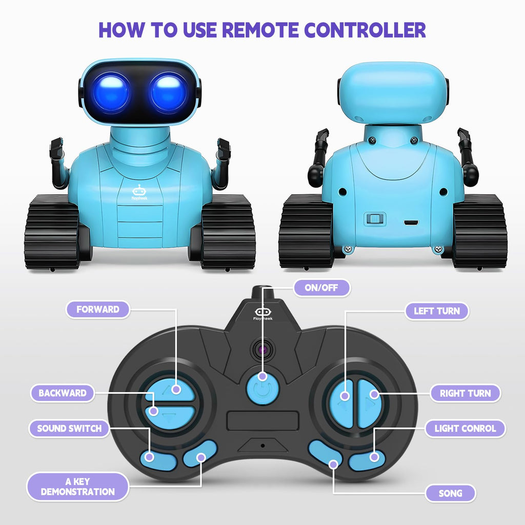 Playsheek Rechargeable Emo Robot with Auto-Demonstration - Remote Control Smart Robot Toy Gift for Kids Age 3+ - Purple