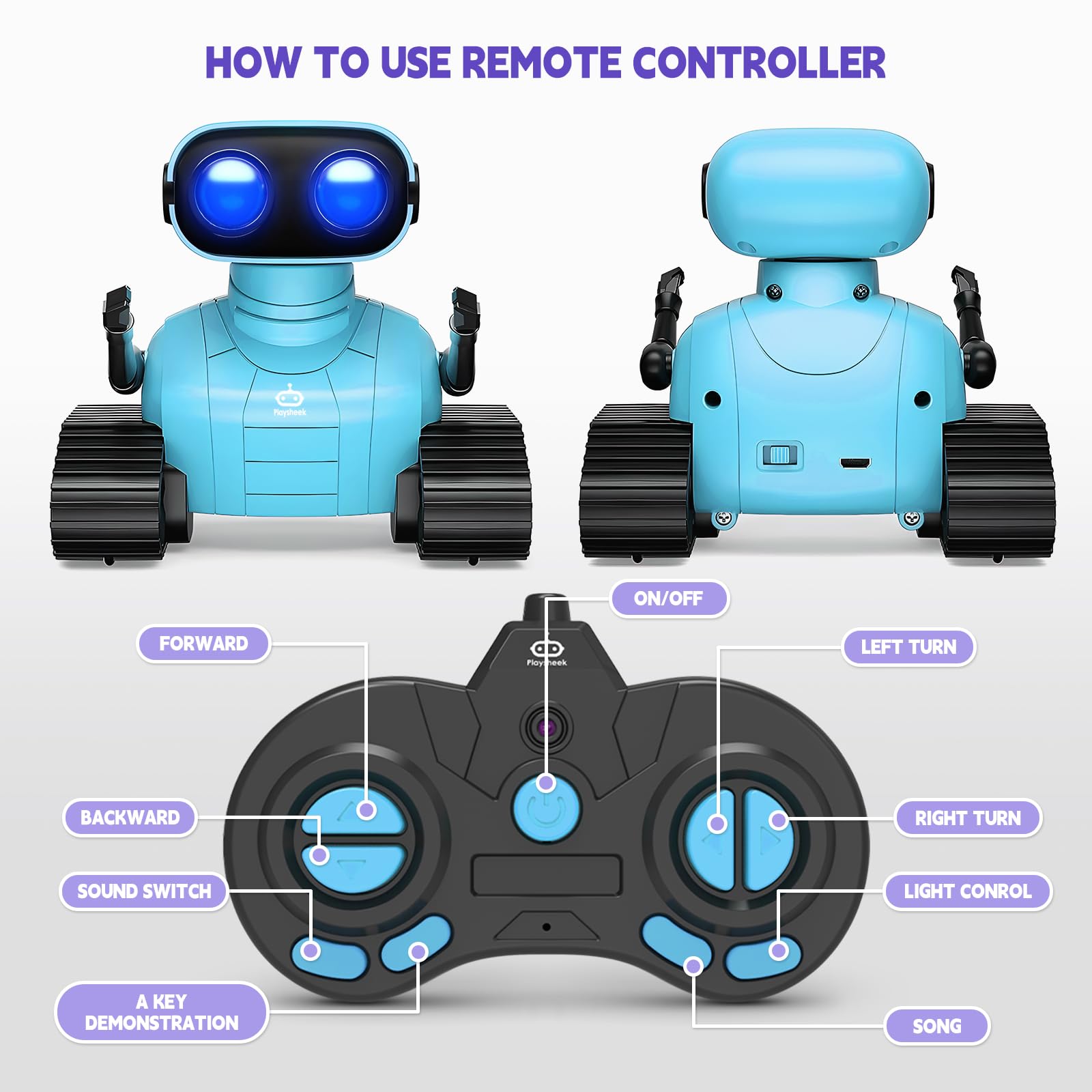 Playsheek Rechargeable Emo Robot with Auto-Demonstration - Remote Control Smart Robot Toy Gift for Kids Age 3+ - Purple