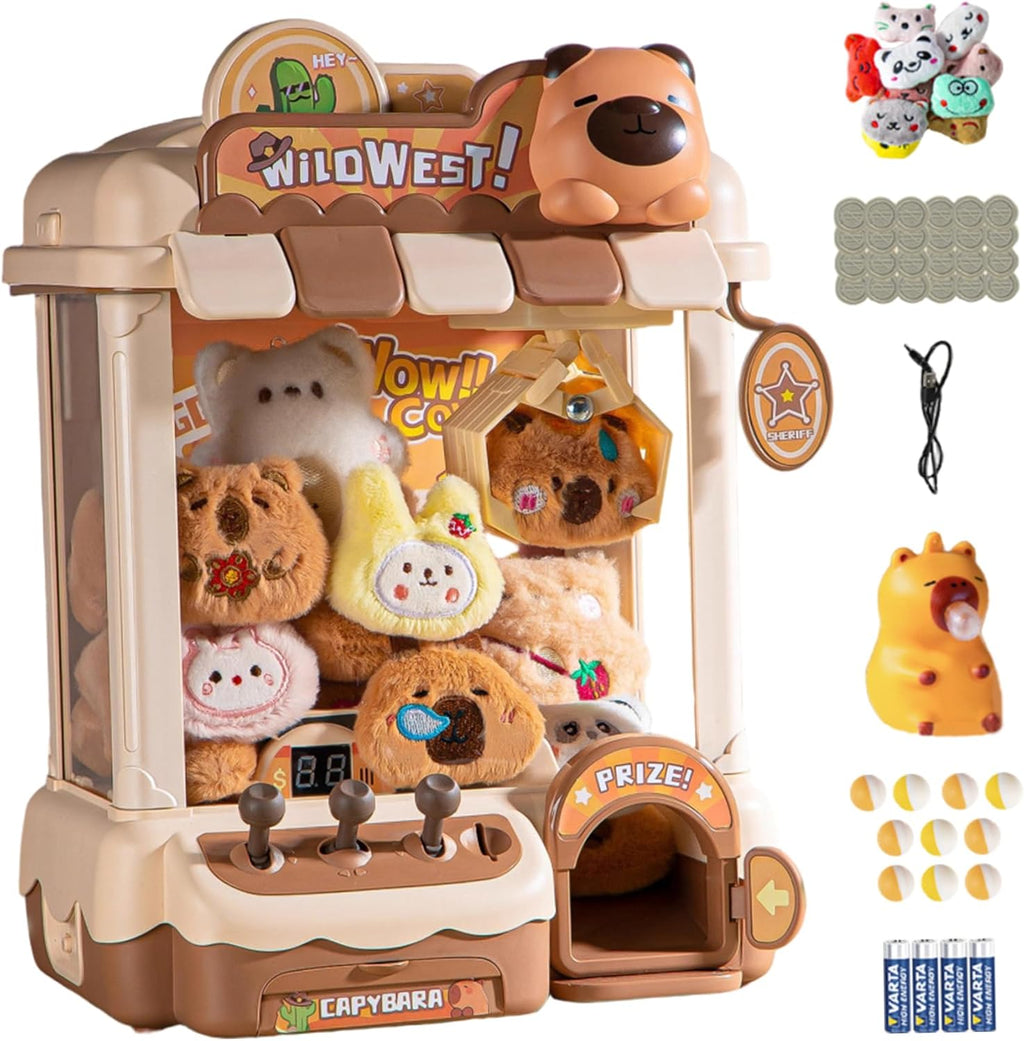 Toy Claw Machine for Kids, Cute Capybara Mini Vending Machine Dual Powered with 10 Dolls, 10 Eggs & 24 Coin for Christmas Birthday Party Favors, Utilisation IntéRieure