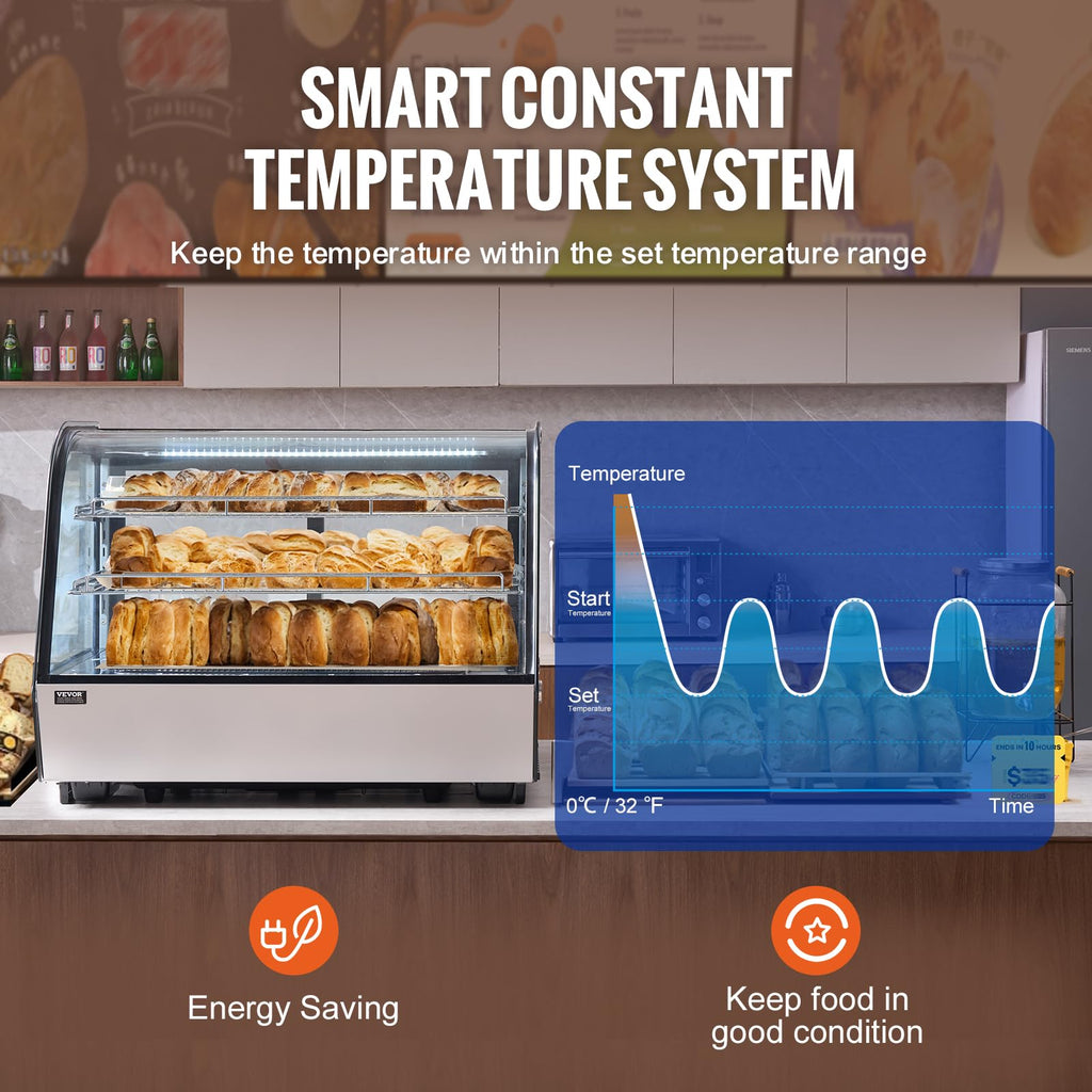 VEVOR Refrigerated Display Case, 3.5 Cu.Ft./100L, 2-Tier, Countertop Pastry Display Case Commercial Display Refrigerator with LED Lighting, TURBO Cooling, Frost-Free Air-Cooling, Rear Sliding Door