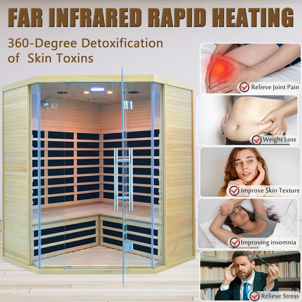 1350W Far Infrared Home Sauna, Energy-Efficient Fast-Heating Indoor Sauna Room with Bluetooth & 7-Color Therapy, Canadian Hemlock Wood, Modular Design - Ideal for Home Gym, Family Relaxation