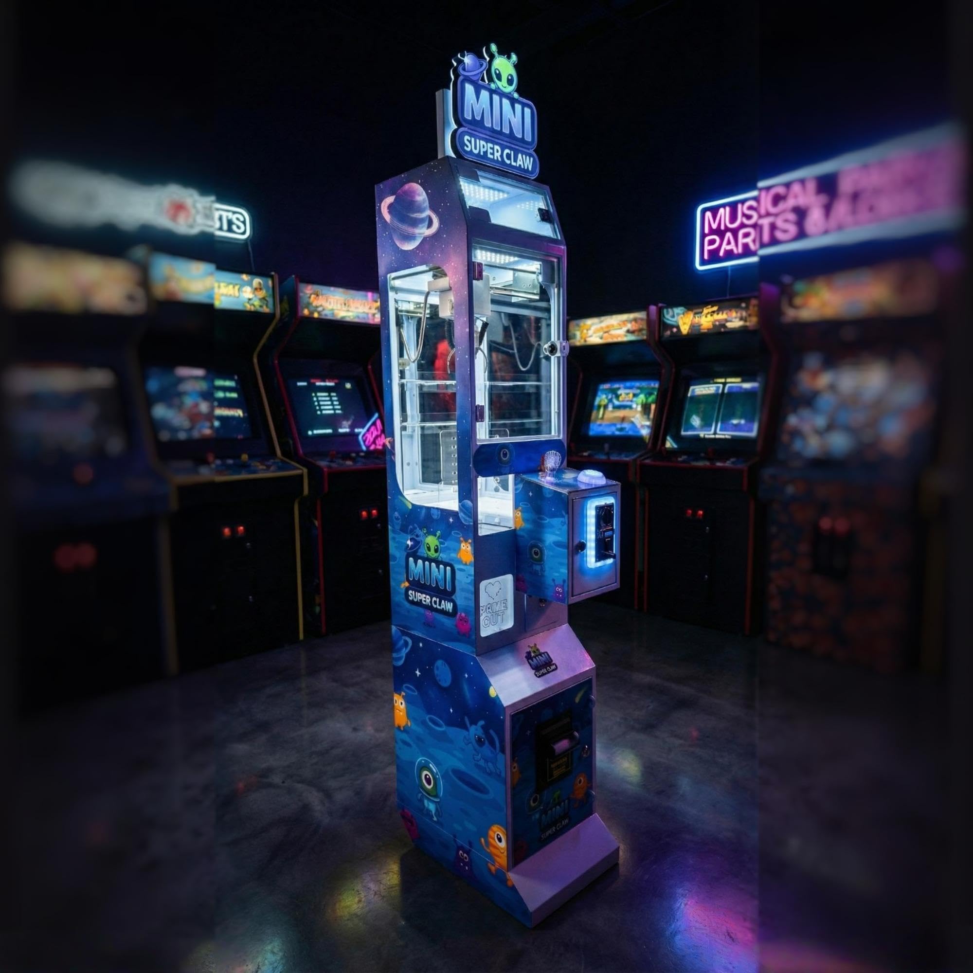Mini Claw Machine - Coin & Bill Operated Vending Unit - Arcade Style Prize Dispenser for Events,Stores or Game Rooms - Space Theme