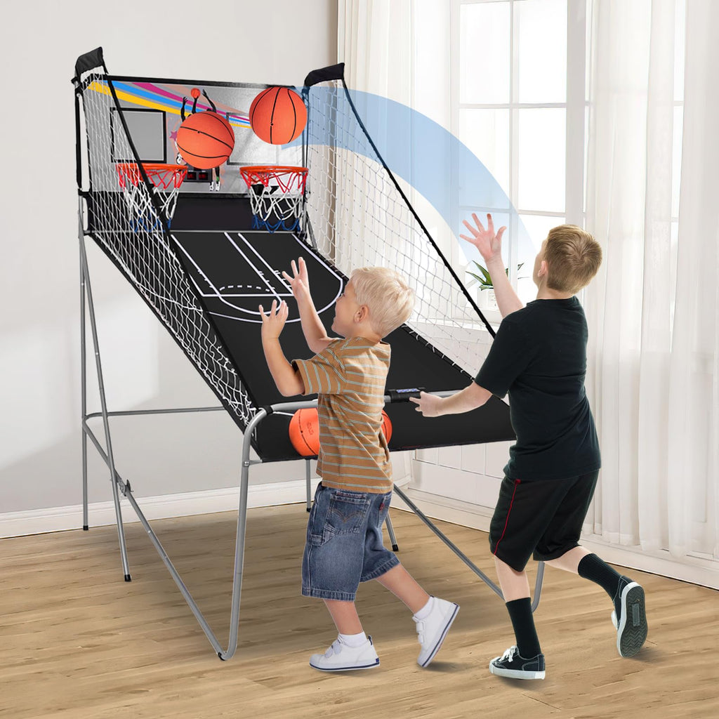 KOTEK Basketball Arcade Game Indoor, Foldable Dual Shot Electronic Basketball Games for 2 Players w/8 Game Options & LED Scoring System, Basketball Hoop Arcade for Family Home Play (Green)