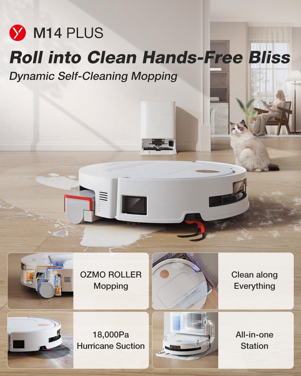 Yeedi M14 Plus Robot Vacuum and Mop, 18,000Pa Suction, OZMO Roller Instant Self-Washing Mopping, 167℉ Smart Dynamic Hot Wash & Auto-Dry, ZeroTangle 3.0 Anti-Hair Brush, All-in-One Omni Station, Black