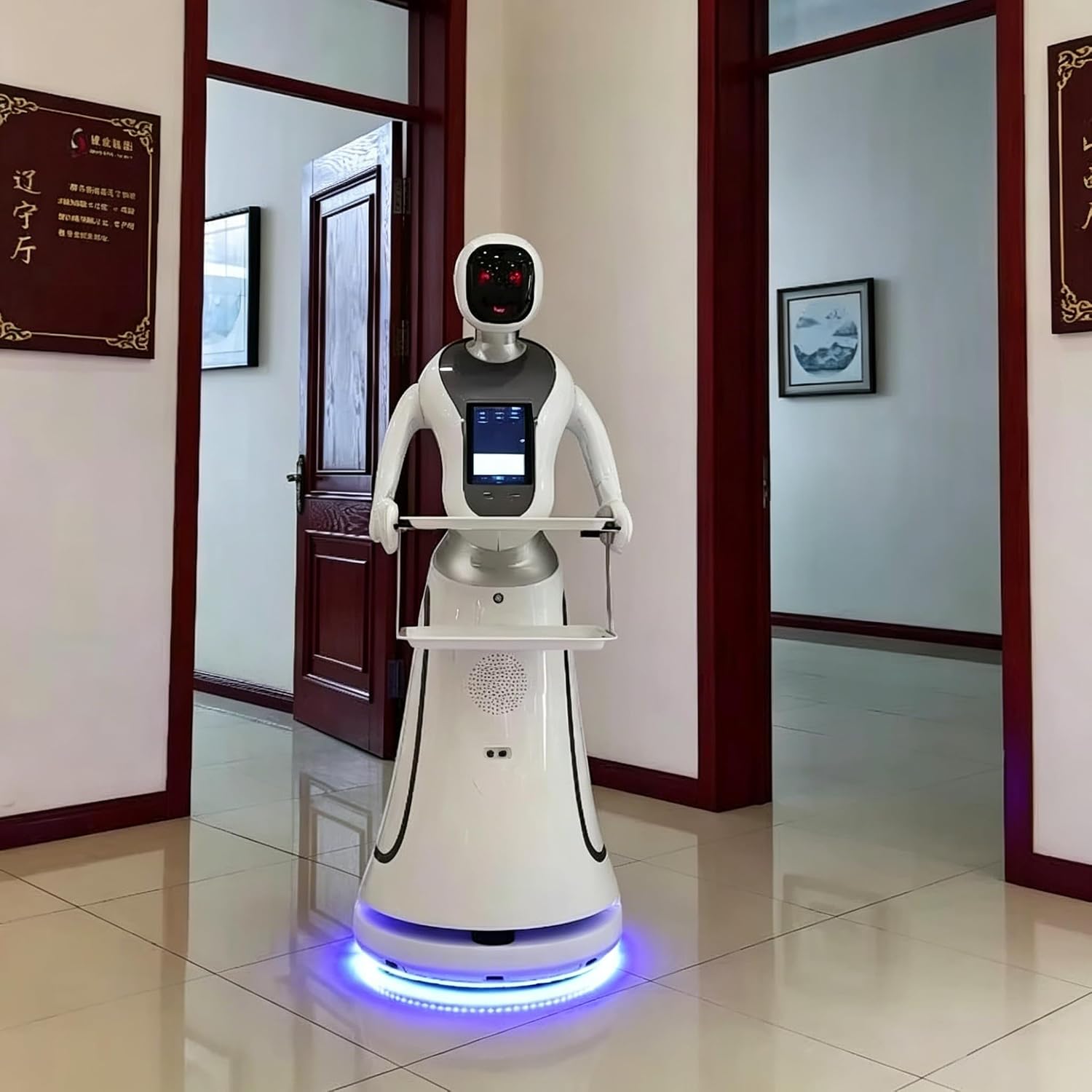 AI Restaurant Robot Server with Autonomous Food Runner Robot, Smart Voice Interaction, Multi Purpose Delivery Tray System for Restaurant Cafe Hotel Dining Operations