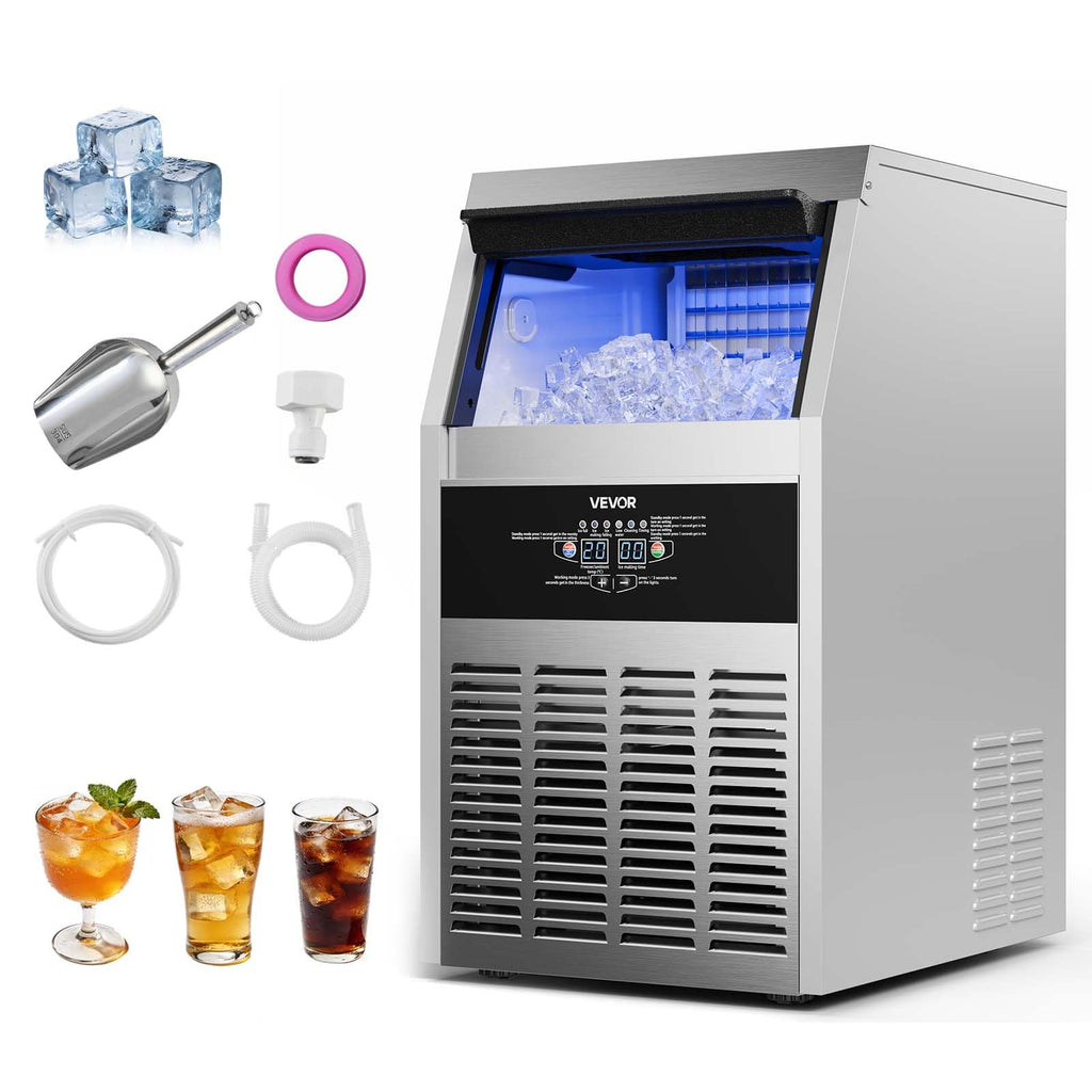 VEVOR Commercial Ice Maker Machine, 100 lbs/24h with 30-35 lbs Storage, Bullet Ice,Built-in/Freestanding/Under Counter, Stainless Steel Ice Maker with LED Display for Home Bar Restaurant