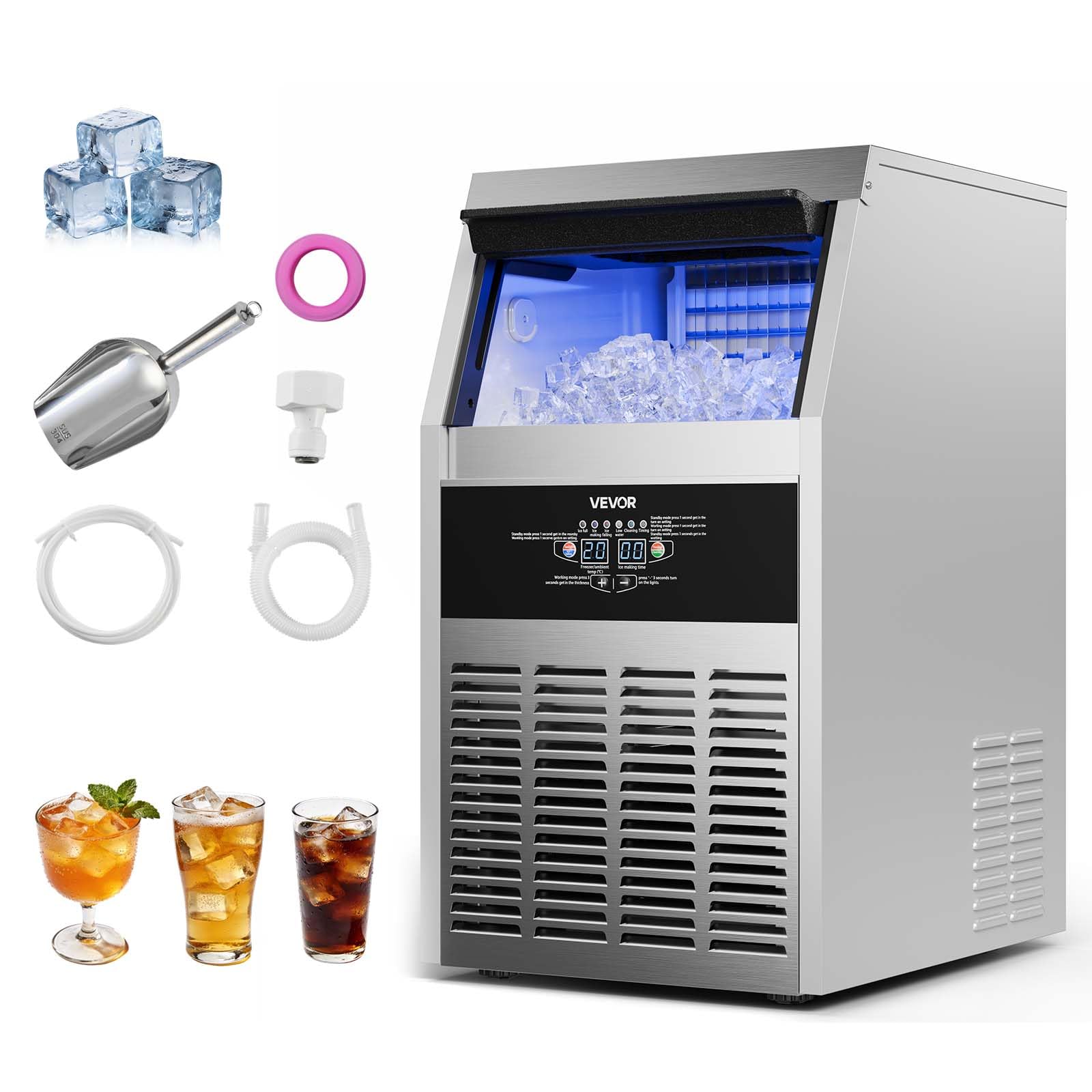 VEVOR Commercial Ice Maker Machine, 100 lbs/24h with 30-35 lbs Storage, Bullet Ice,Built-in/Freestanding/Under Counter, Stainless Steel Ice Maker with LED Display for Home Bar Restaurant