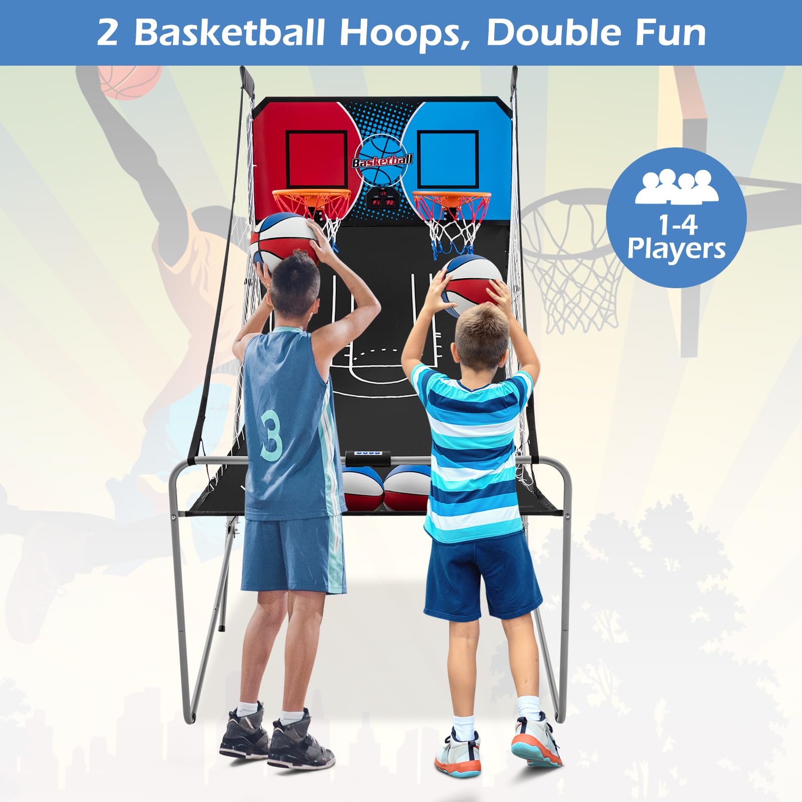 Goplus Foldable Dual Shot Basketball Arcade Game, Electronic Basketball Hoop w/LCD Scoreboard, 8 Game Modes, 4 Balls, Indoor Outdoor Basketball Game Machine for Adults (Green)
