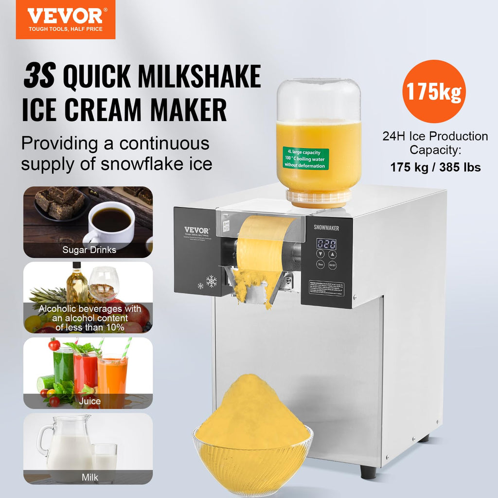 VEVOR Commercial Snowflake Ice Machine, 397LBS/24H Snowflake Ice Maker, Stainless Steel Ice Shaver Machine, Electric Snow Cone Maker, Liquid Cooling System for Rapid Heat Dissipation, Ice Cream