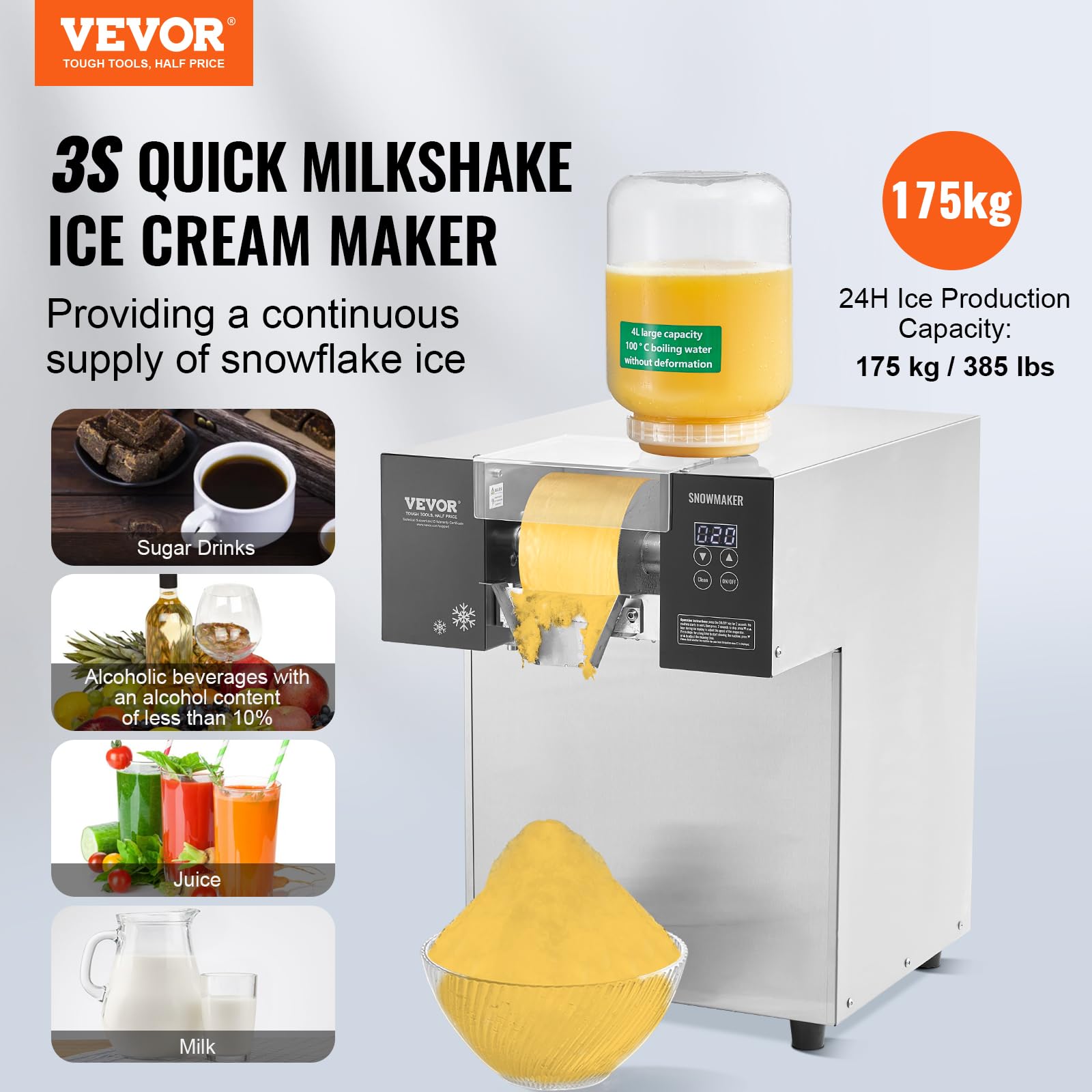 VEVOR Commercial Snowflake Ice Machine, 397LBS/24H Snowflake Ice Maker, Stainless Steel Ice Shaver Machine, Electric Snow Cone Maker, Liquid Cooling System for Rapid Heat Dissipation, Ice Cream