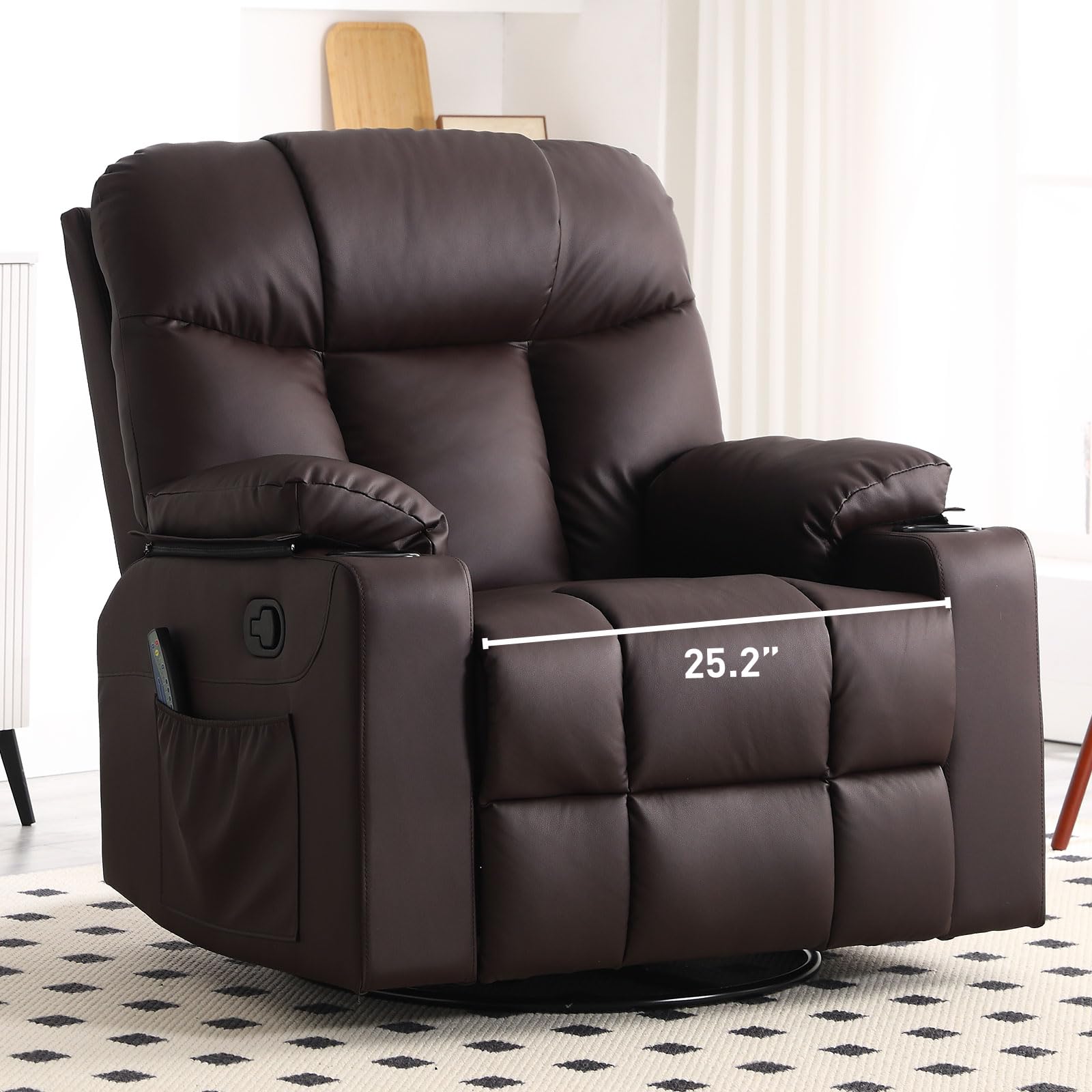 Bonzy Home Oversized Swivel Rocker Recliner, 40" Rocking Recliner Chair with Heated and Massage, PU Leather Single Sofa with Swivel Function, 2 Cup Holders for Living Room Bedroom, Black