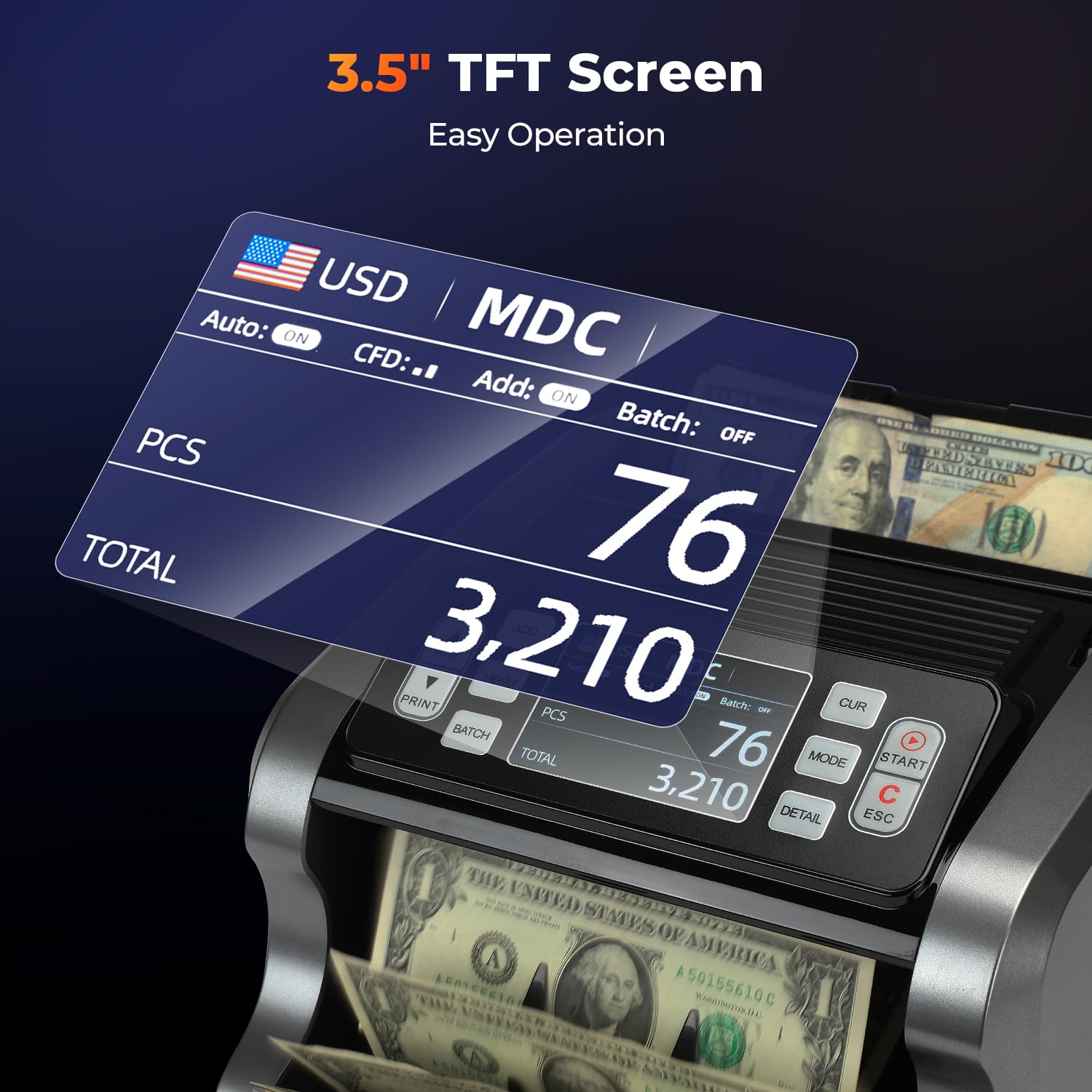MUNBYN IMC09 Mixed Denomination Money Counter Machine, Value Counting, UV/MG/IR/MT Bill Counter, 3.5" TFT Display Money Counting Machine, USD, EUR, MXN, CAD Cash Counter for Business (White)